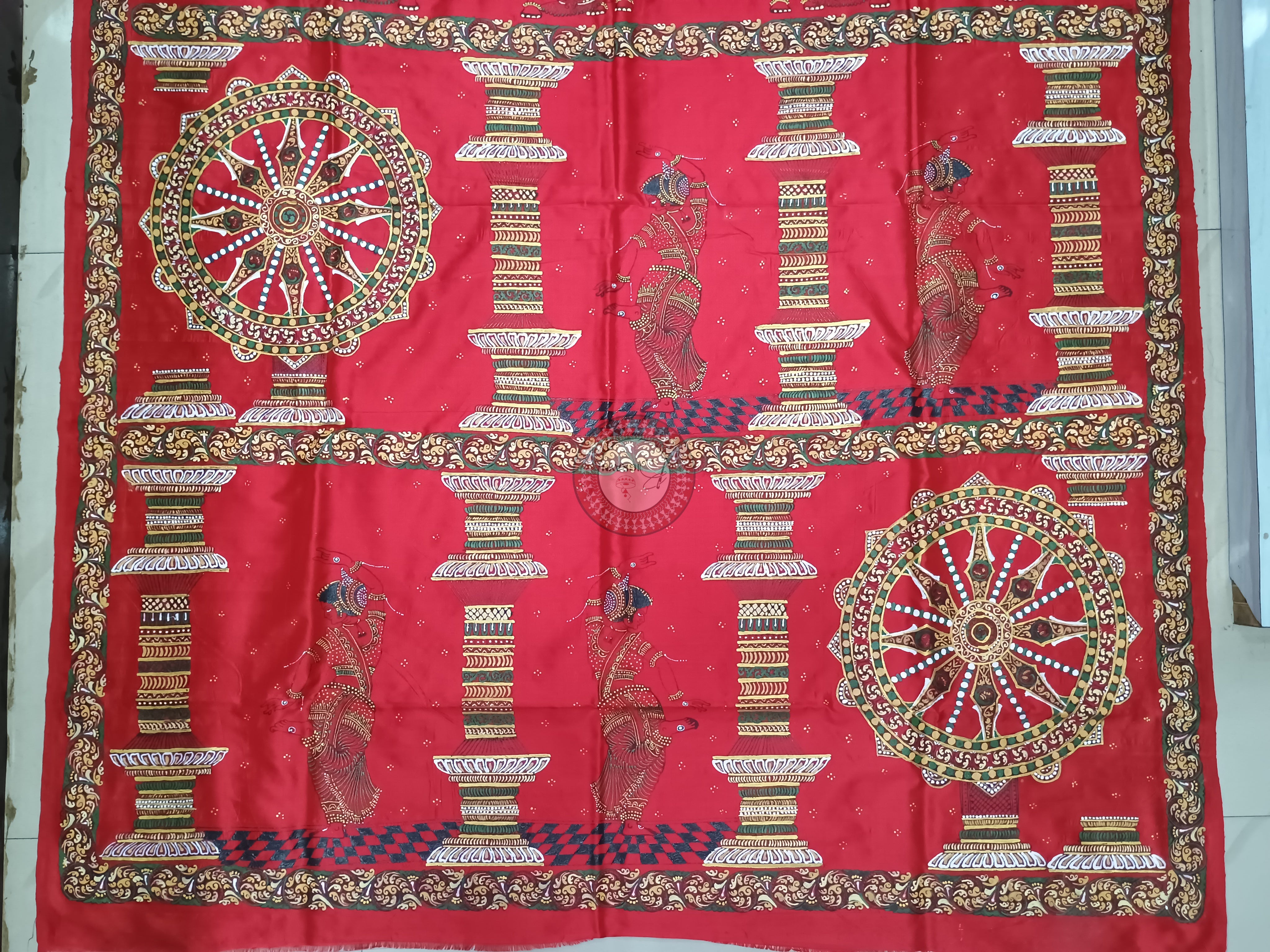 Red Konark Chakra And Dancer Theme Pattachitra Sambalpuri Silk Saree