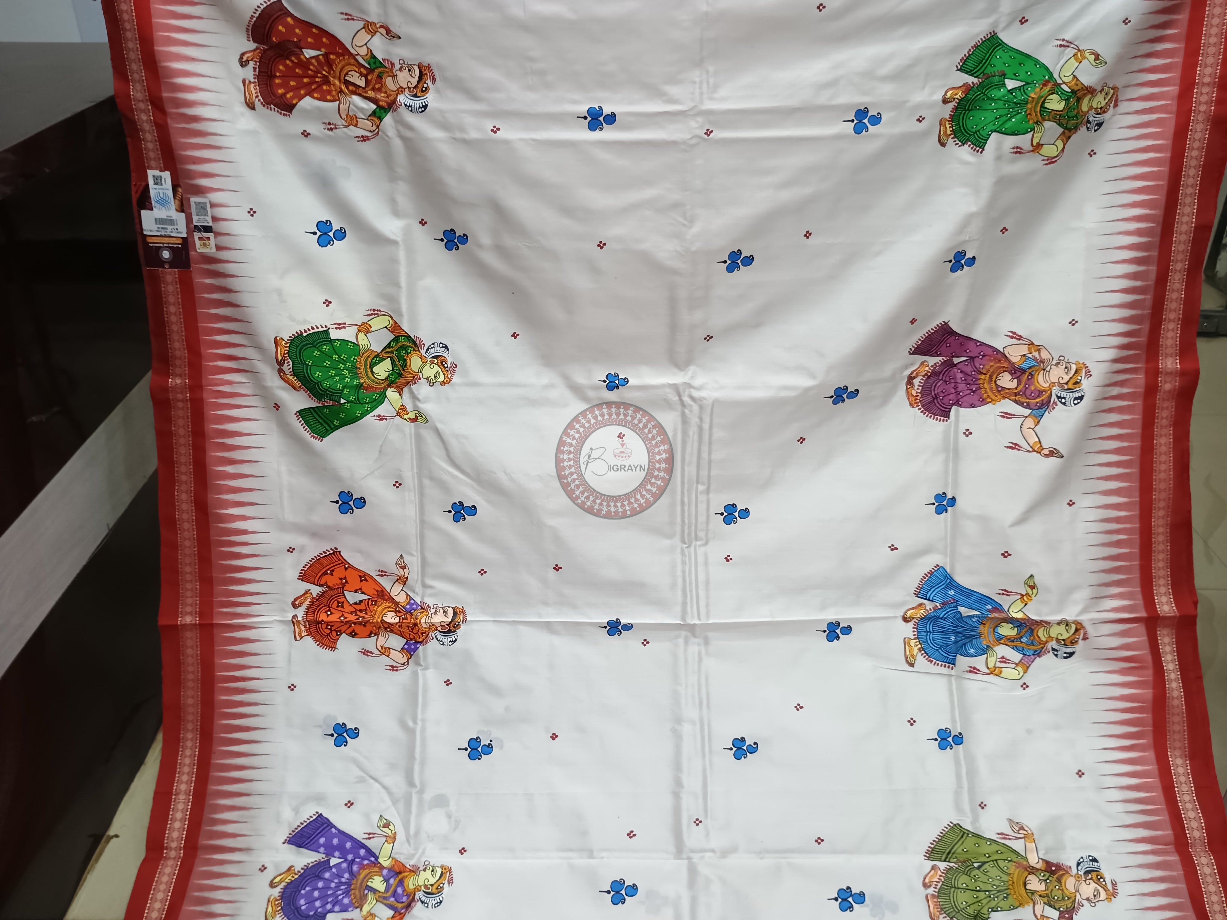 White Red Diwali Theme Pattachitra Sambalpuri Silk Saree