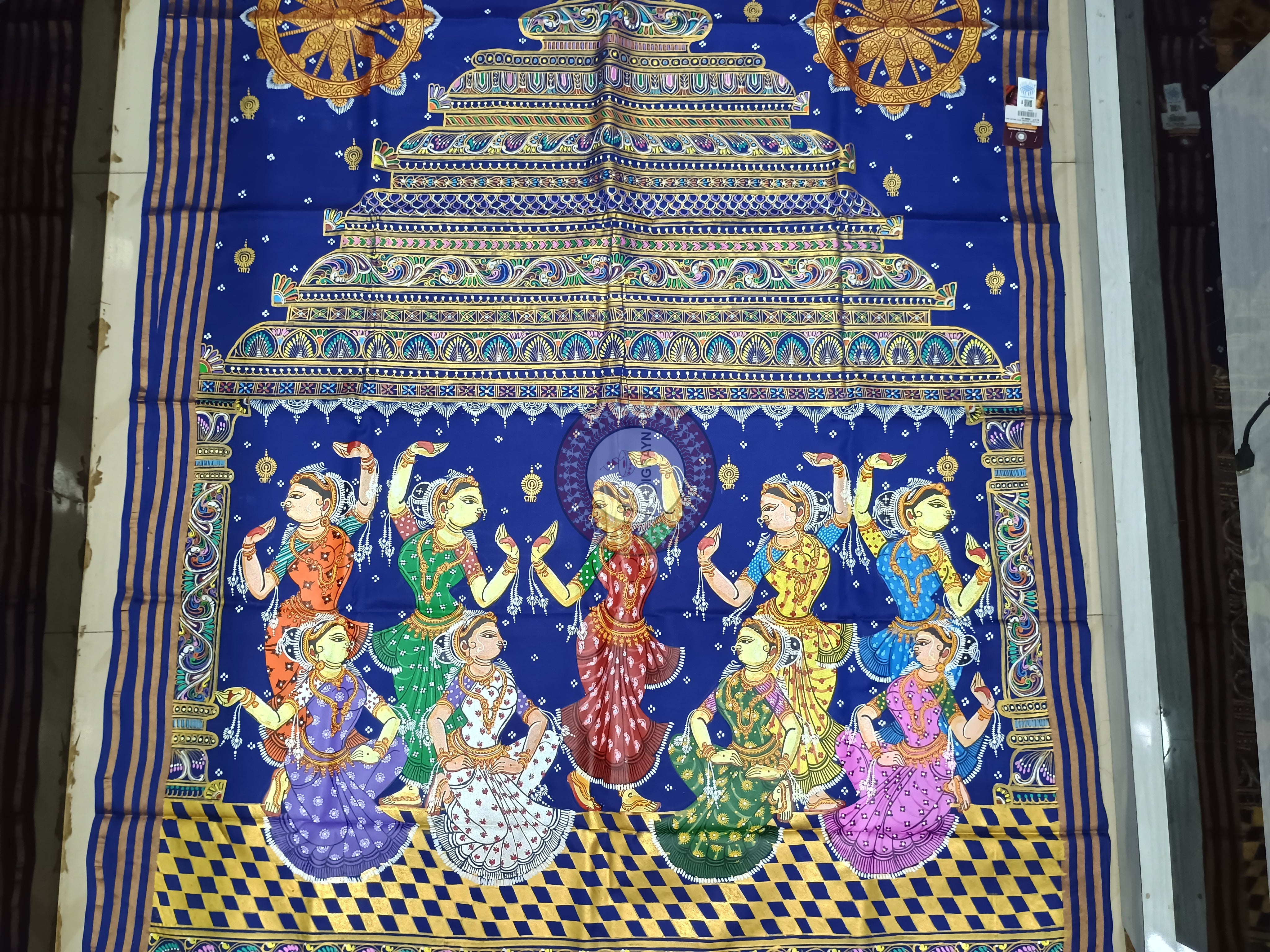 Blue Konark Temple And Dancer Theme Pattachitra Kanjeeveram Silk Saree