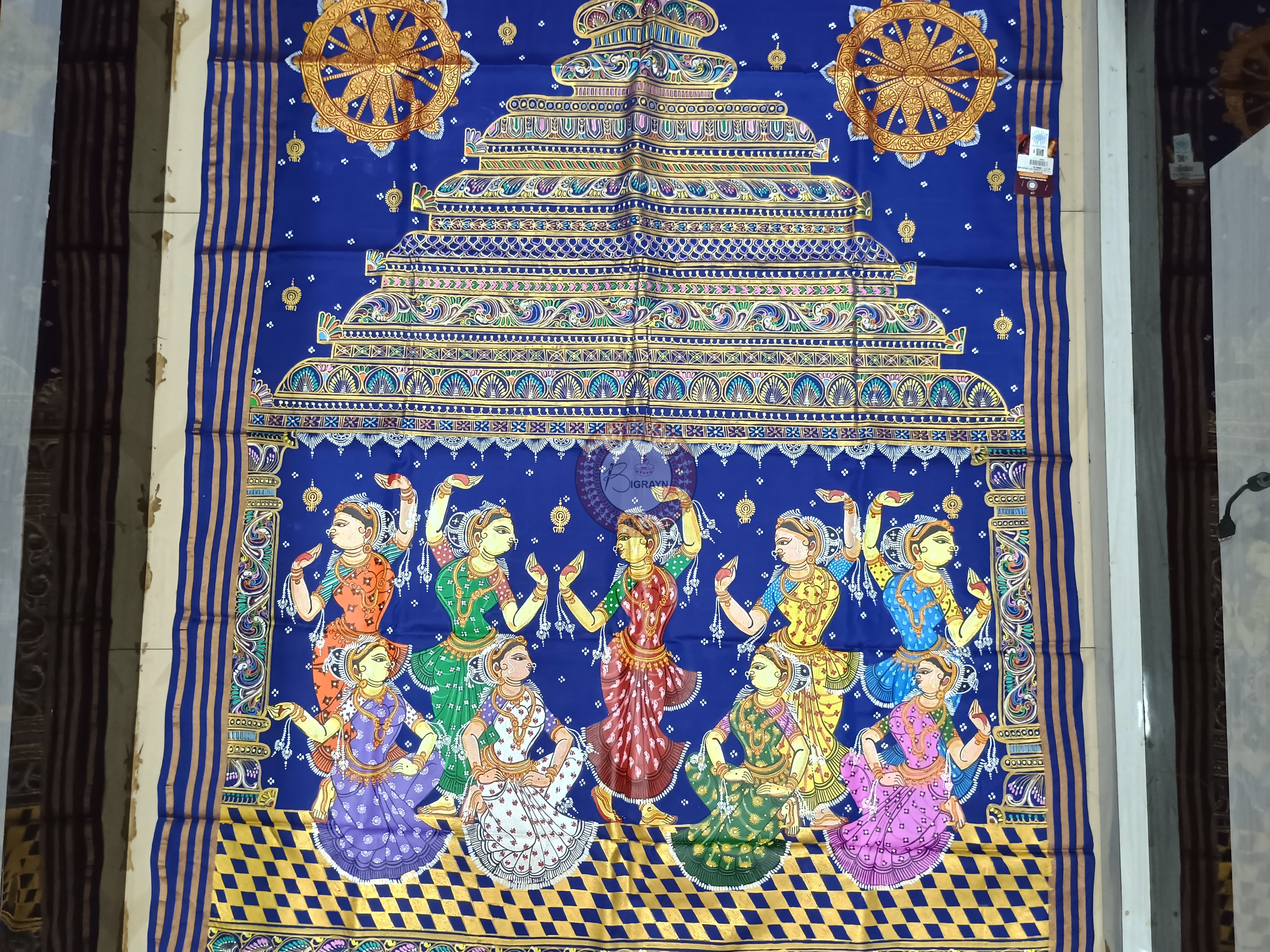 Blue Konark Temple And Dancer Theme Pattachitra Kanjeeveram Silk Saree