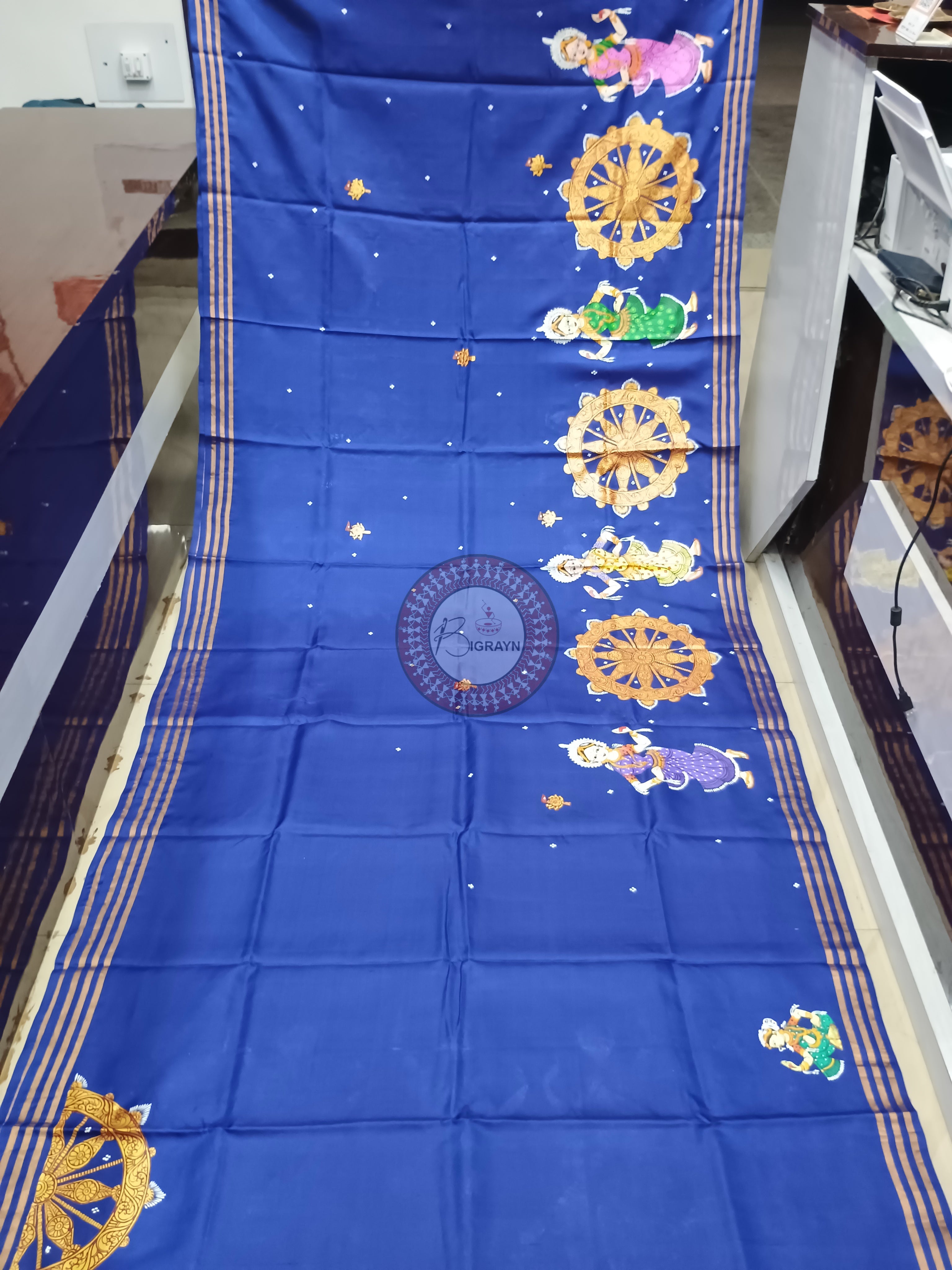 Blue Konark Temple And Dancer Theme Pattachitra Kanjeeveram Silk Saree