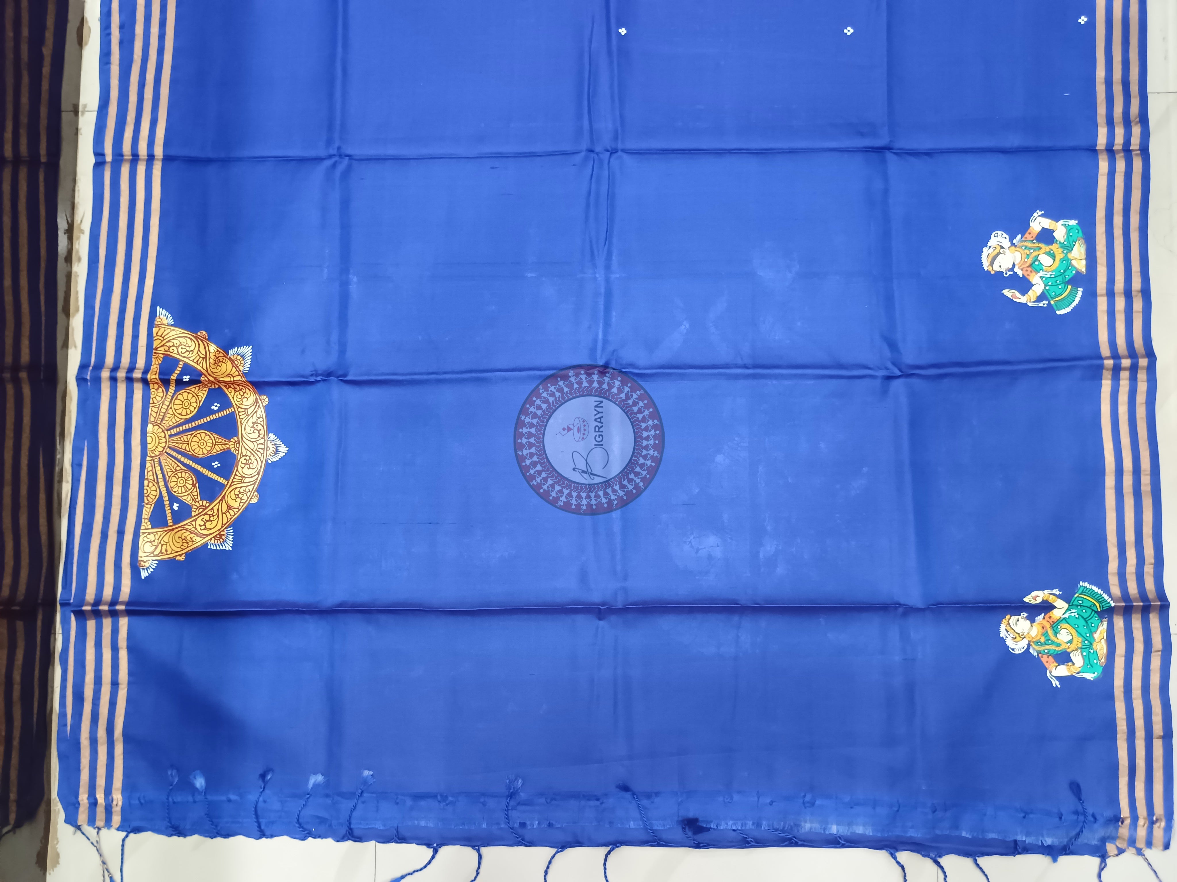 Blue Konark Temple And Dancer Theme Pattachitra Kanjeeveram Silk Saree