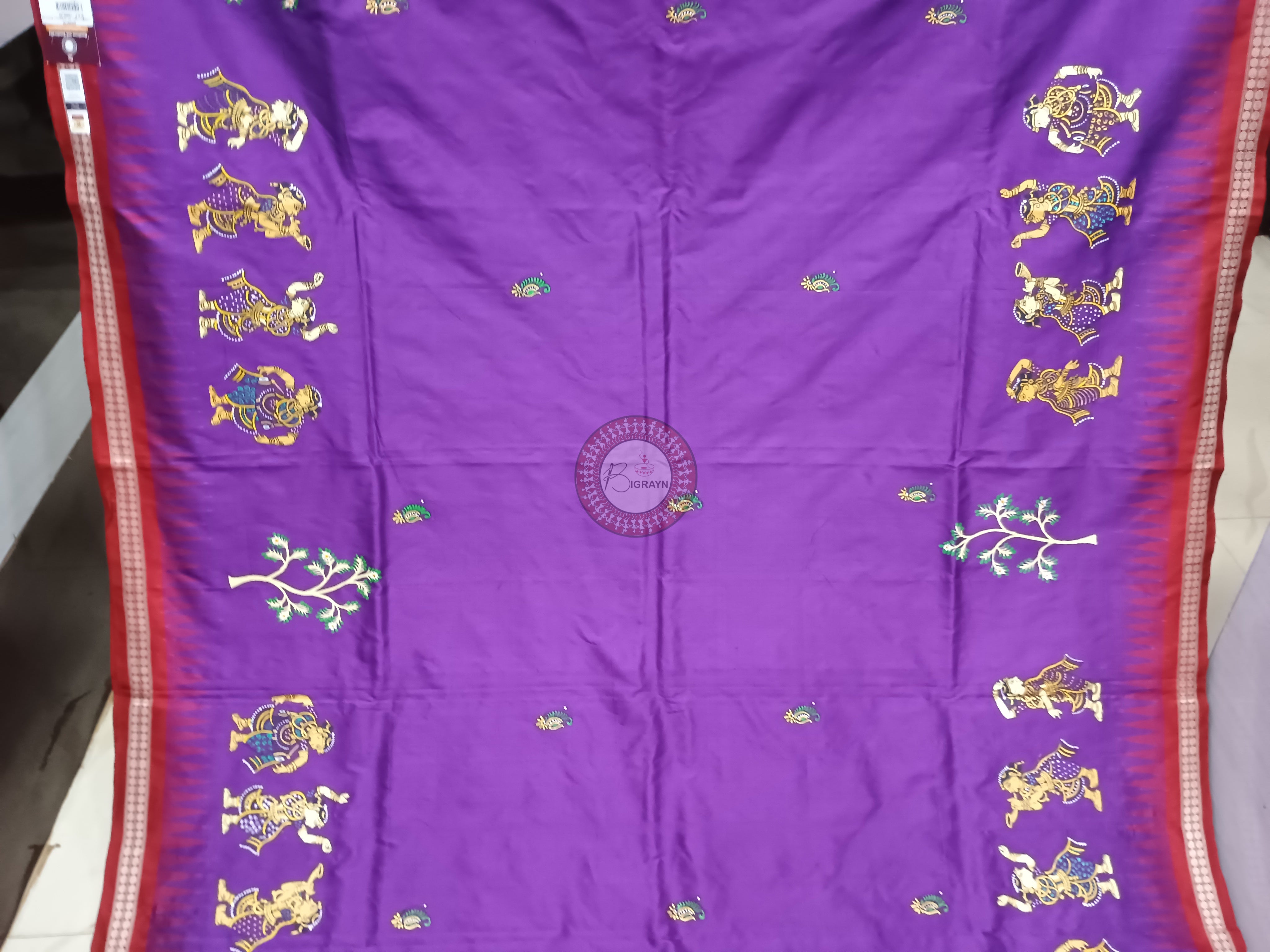 Purple Red Nabakeli Boita Theme Pattachitra Sambalpuri Silk Saree