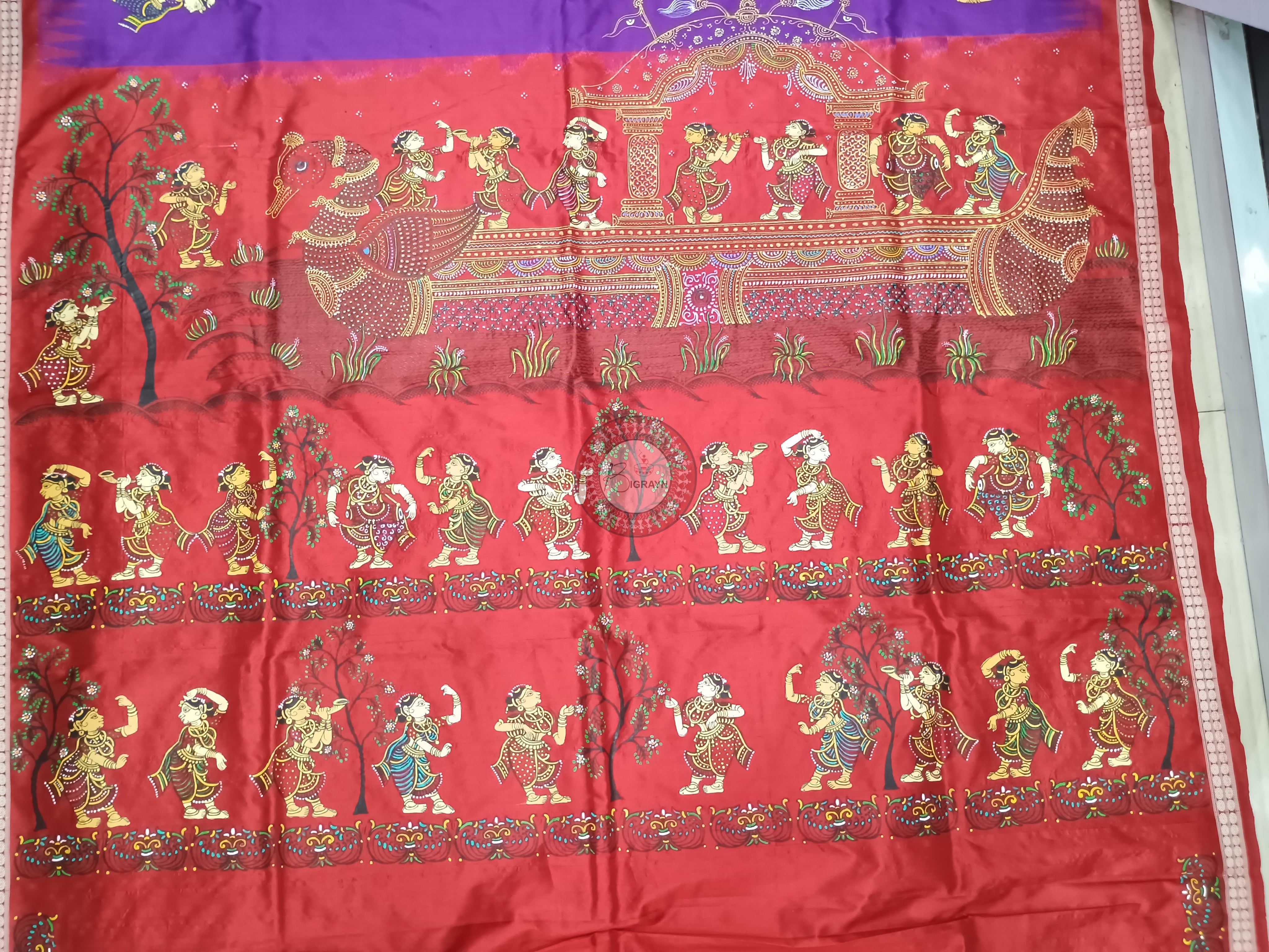 Purple Red Nabakeli Boita Theme Pattachitra Sambalpuri Silk Saree