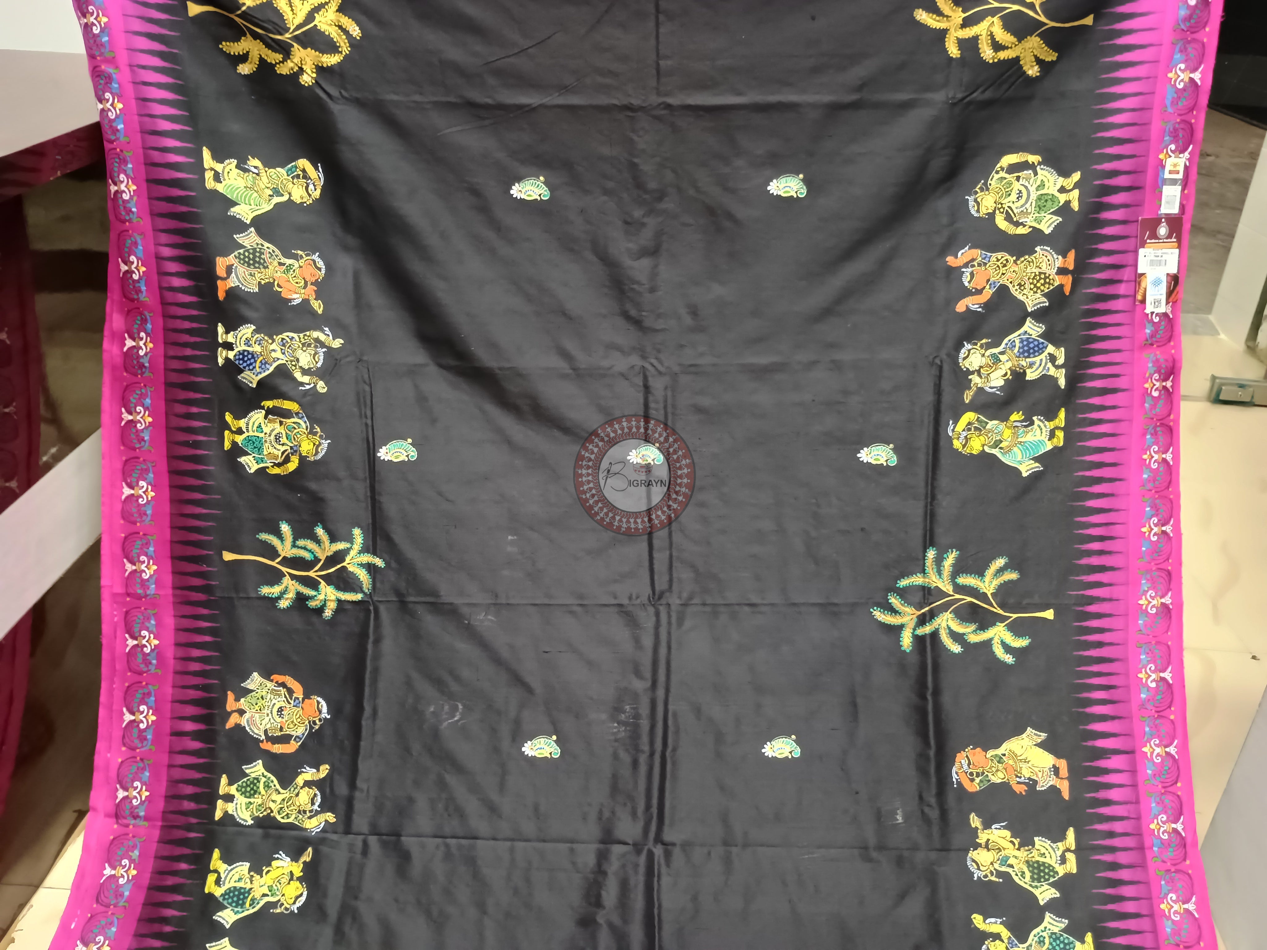 Black Magenta Nabakeli Boita Theme Pattachitra Sambalpuri Silk Saree
