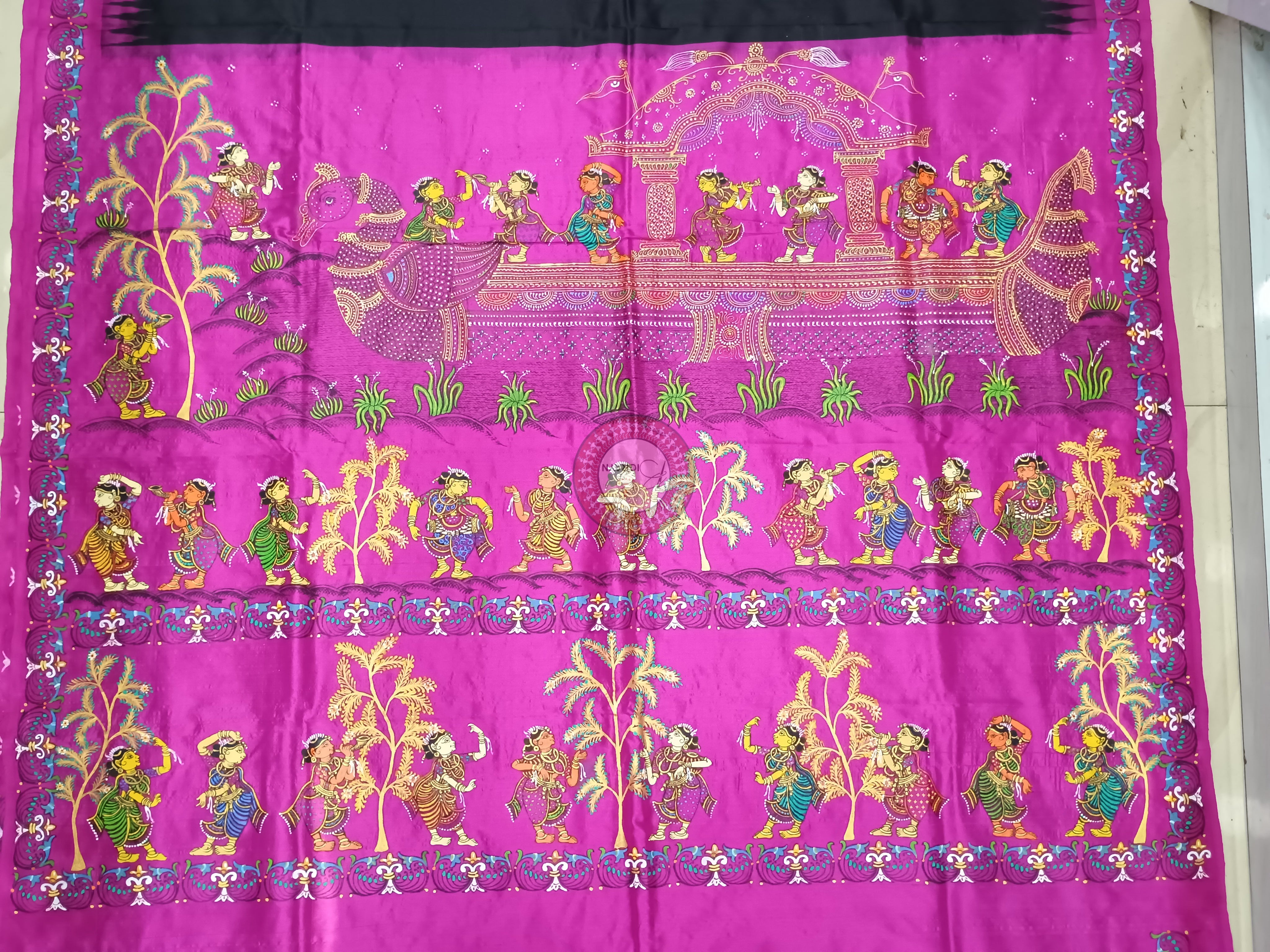 Black Magenta Nabakeli Boita Theme Pattachitra Sambalpuri Silk Saree
