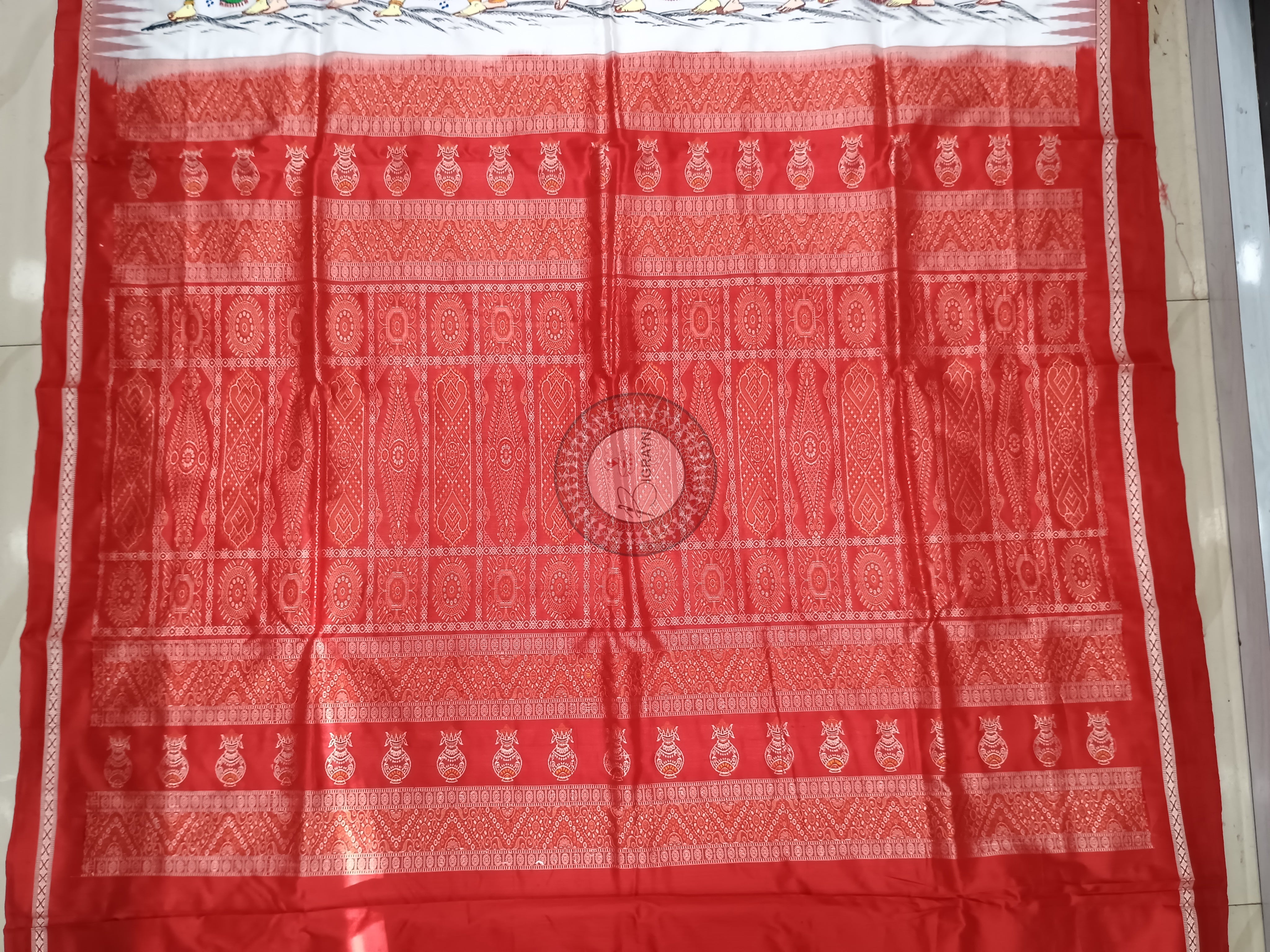 White Red Mangala Maa Theme Pattachitra Sambalpuri Silk Saree