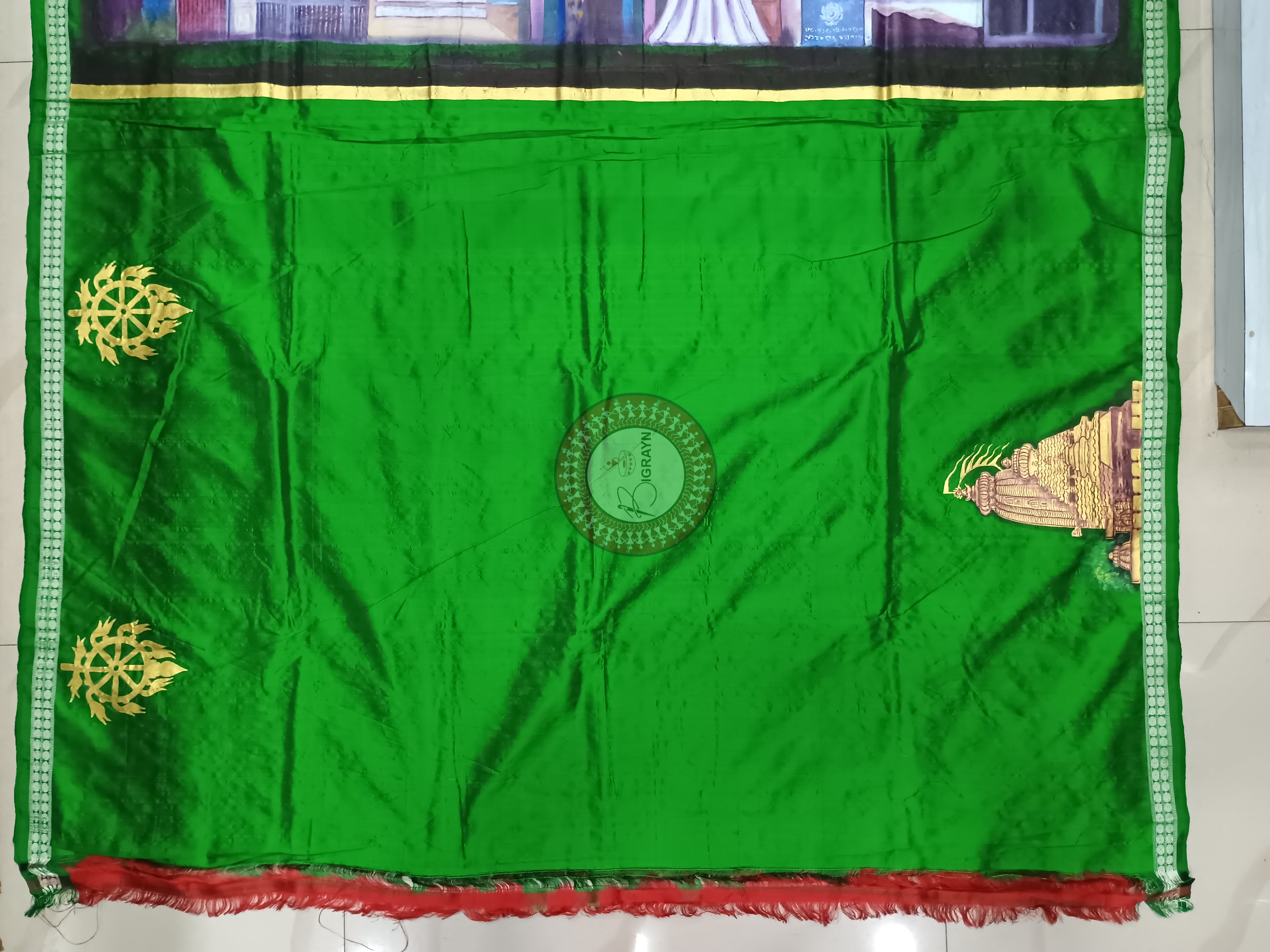 Red Green Sri Mandira Mordern Theme Pattachitra Sambalpuri Silk Saree