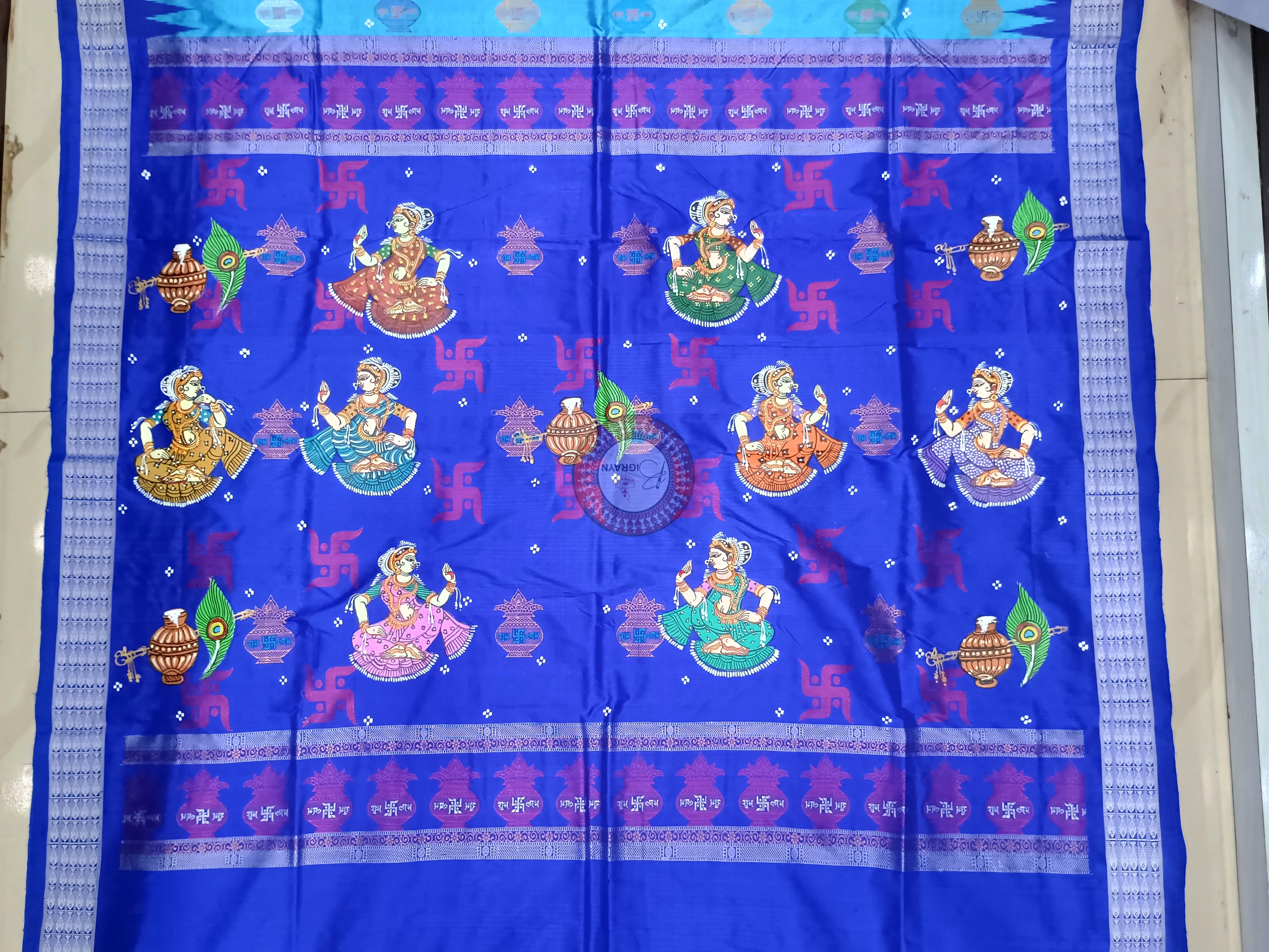 Sky Blue Blue Swastik Kalashi With Dancer Theme Pattachitra Sambalpuri Silk Saree