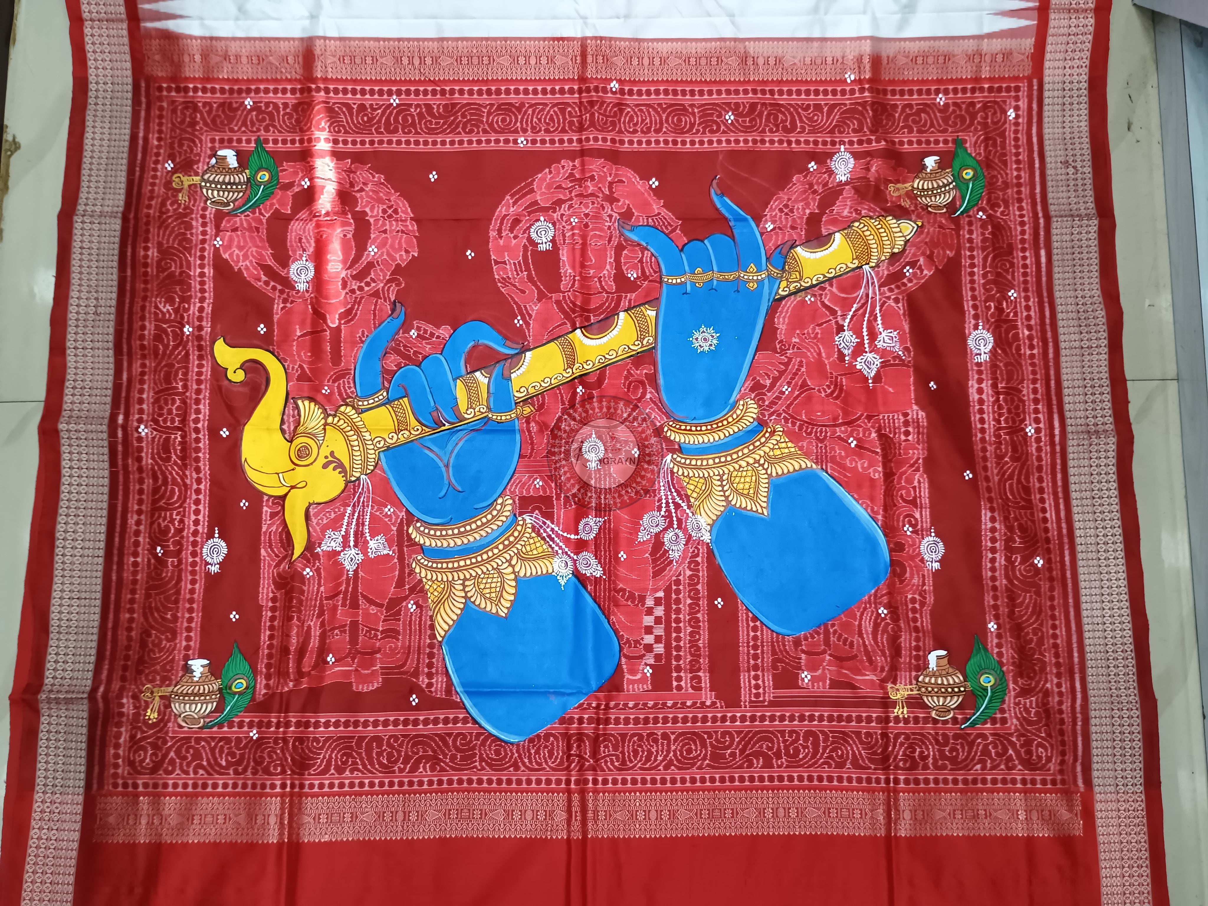 White Red Adrushya Banshi Theme Pattachitra Sambalpuri Silk Saree