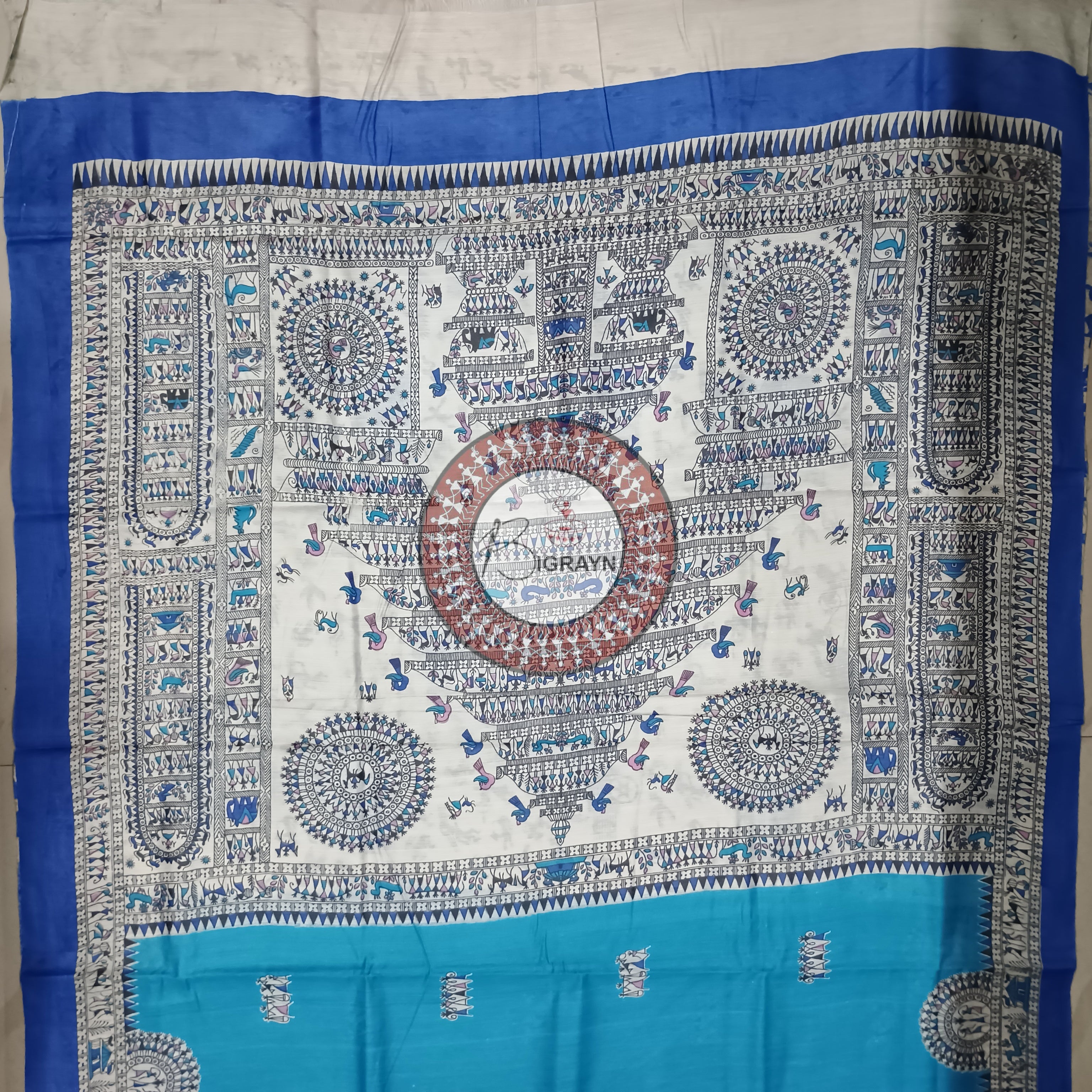 Copper Sulphate Block Printed Tussar Silk Saree
