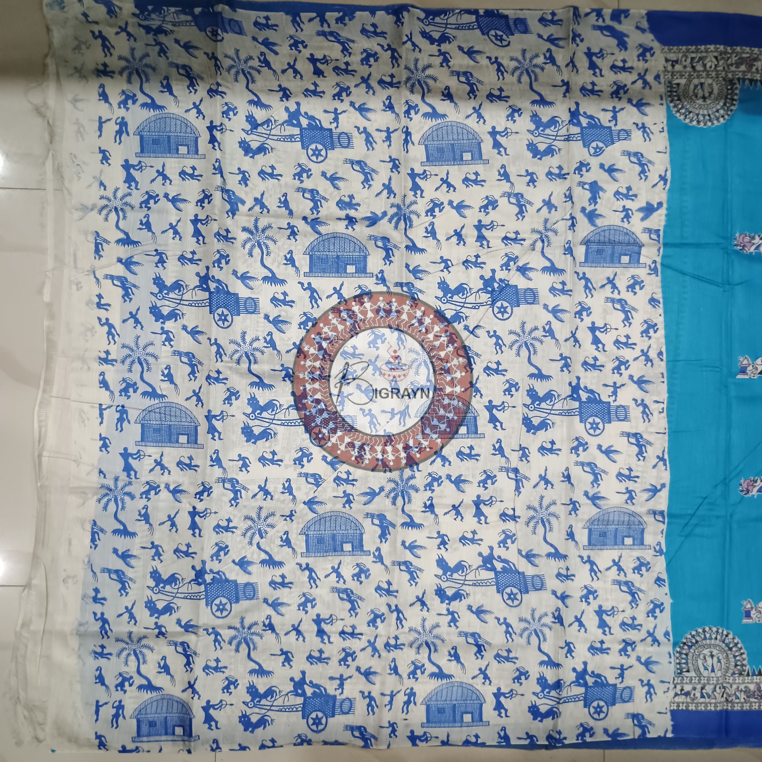Copper Sulphate Block Printed Tussar Silk Saree