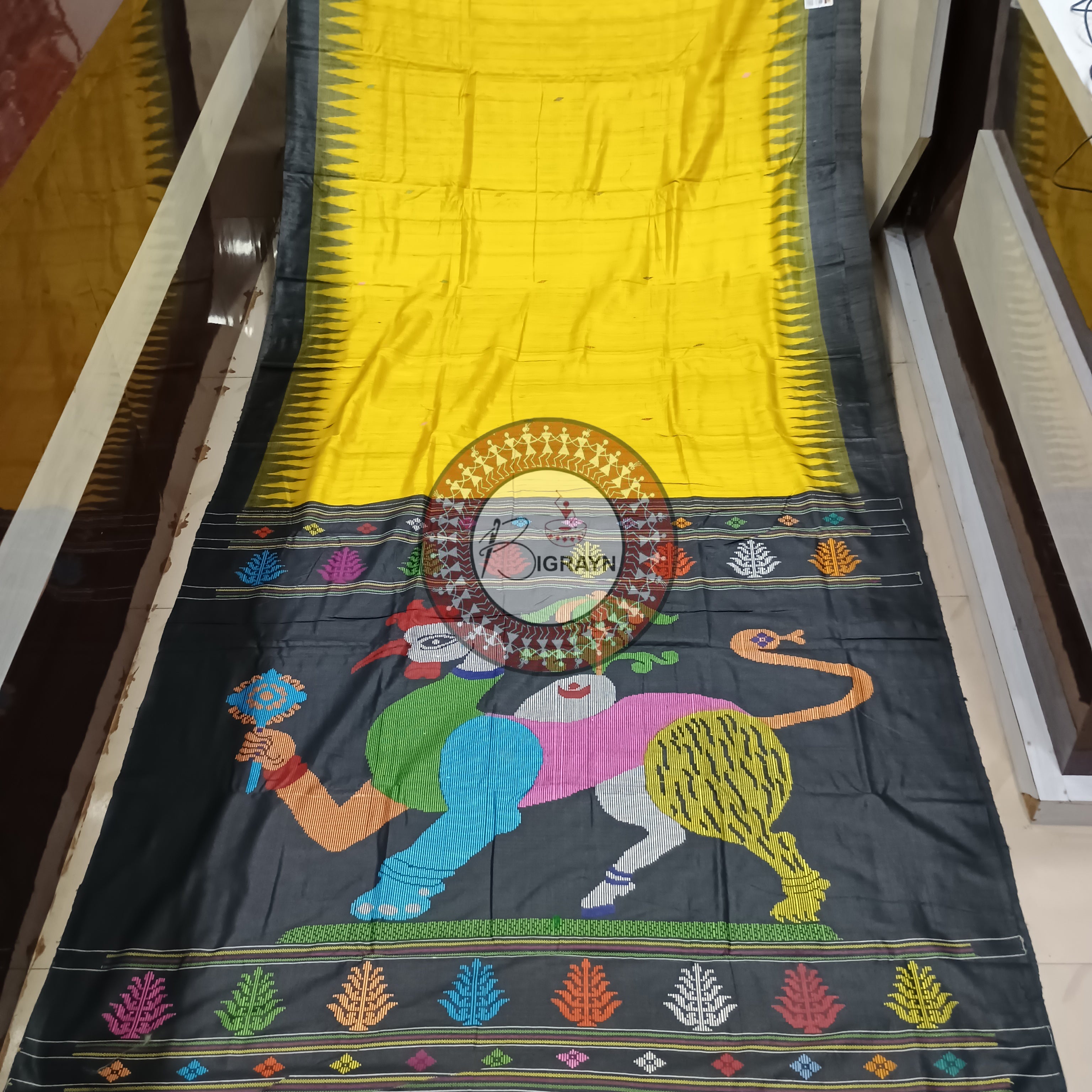 Yellow Black Nabagunjara Tussar Silk Saree