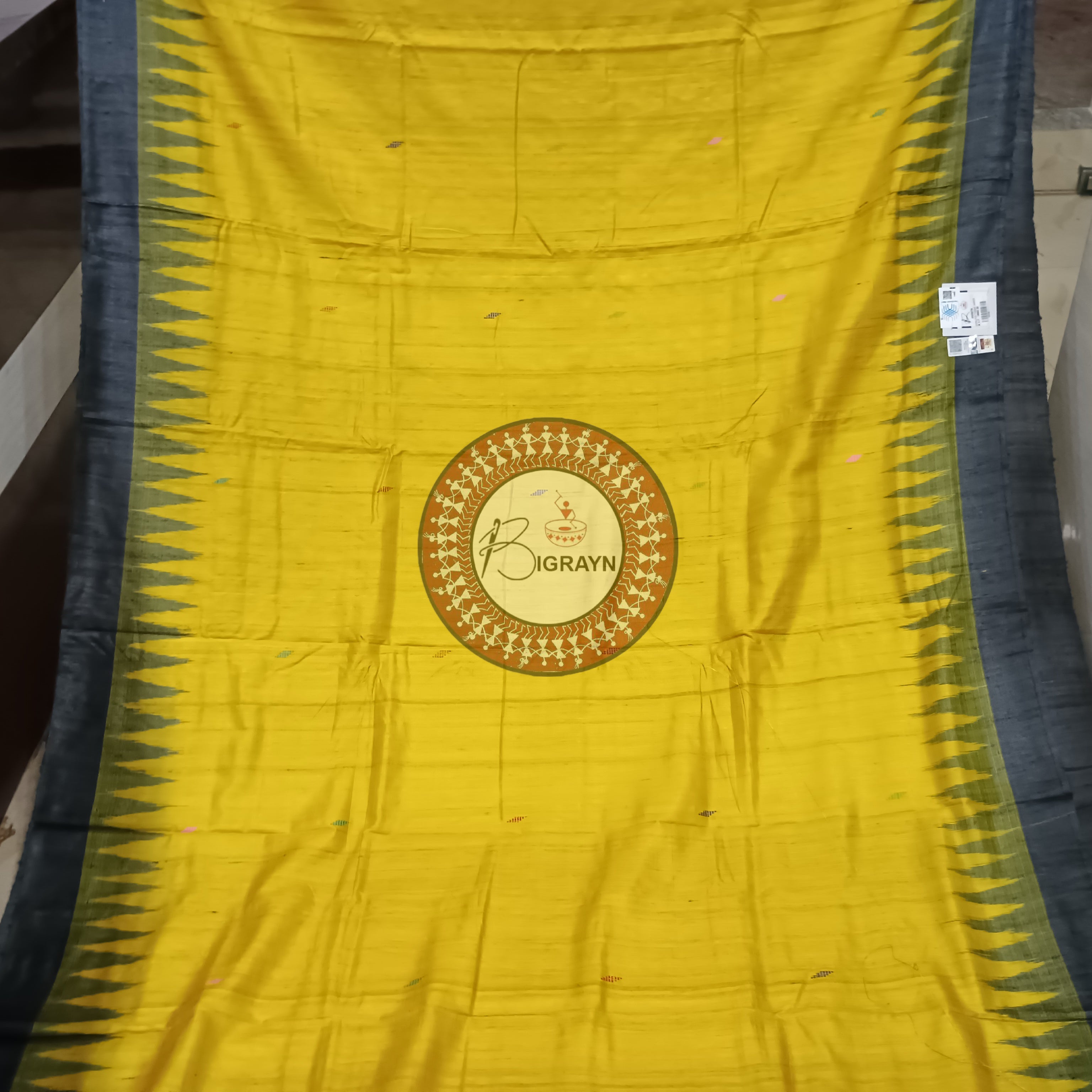 Yellow Black Nabagunjara Tussar Silk Saree