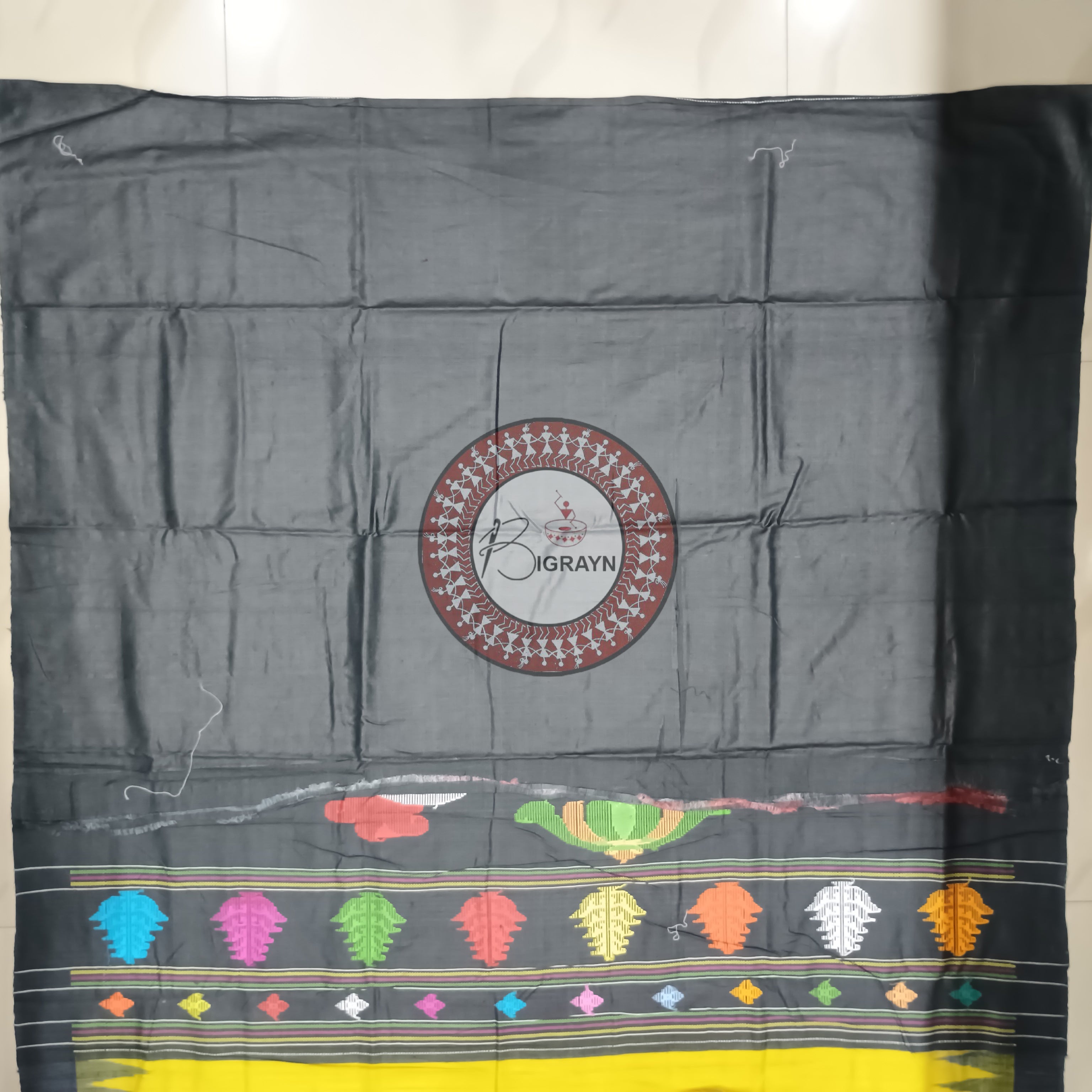 Yellow Black Nabagunjara Tussar Silk Saree