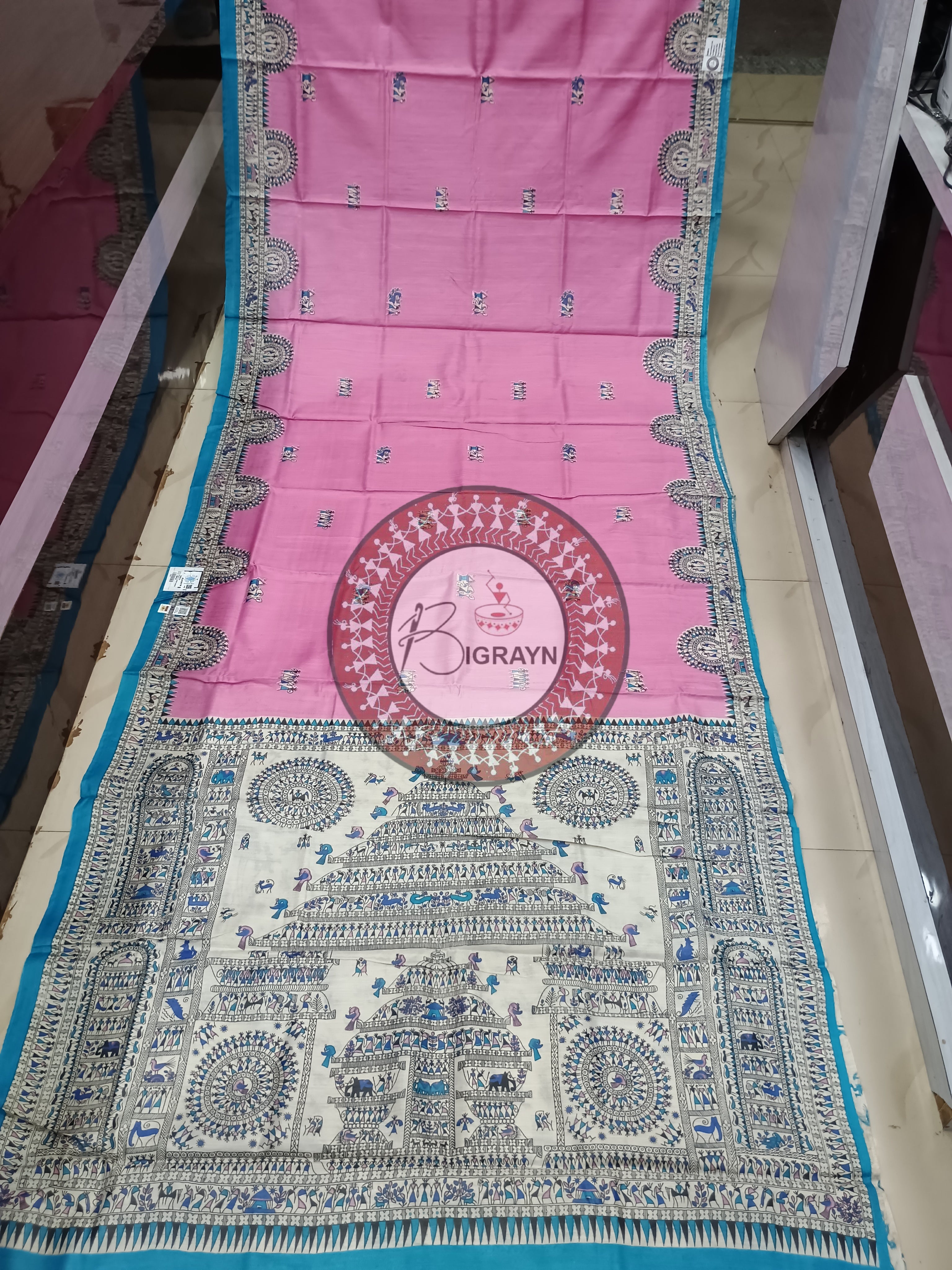 Pink Off White Block Printed Tussar Silk Saree