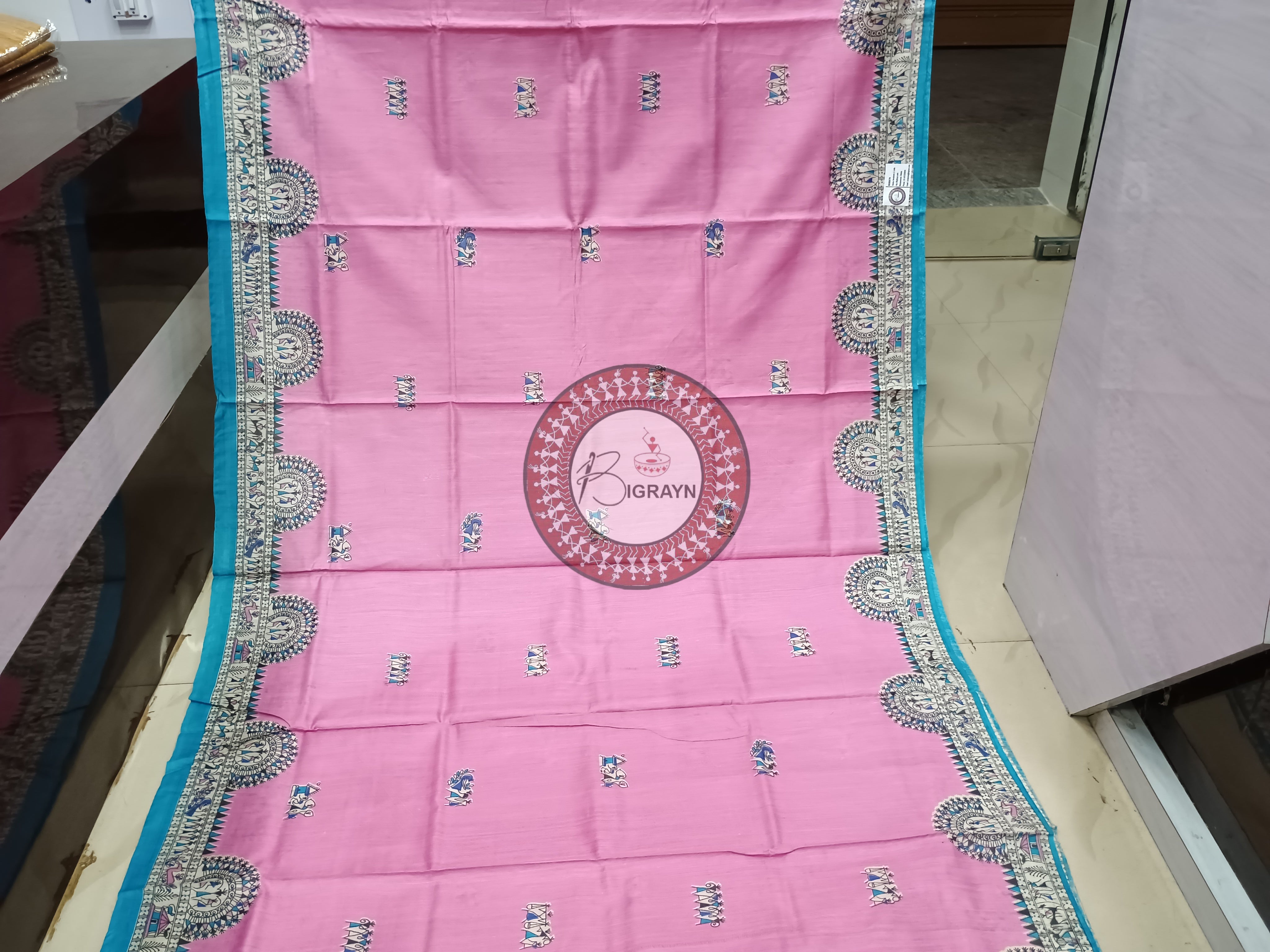 Pink Off White Block Printed Tussar Silk Saree