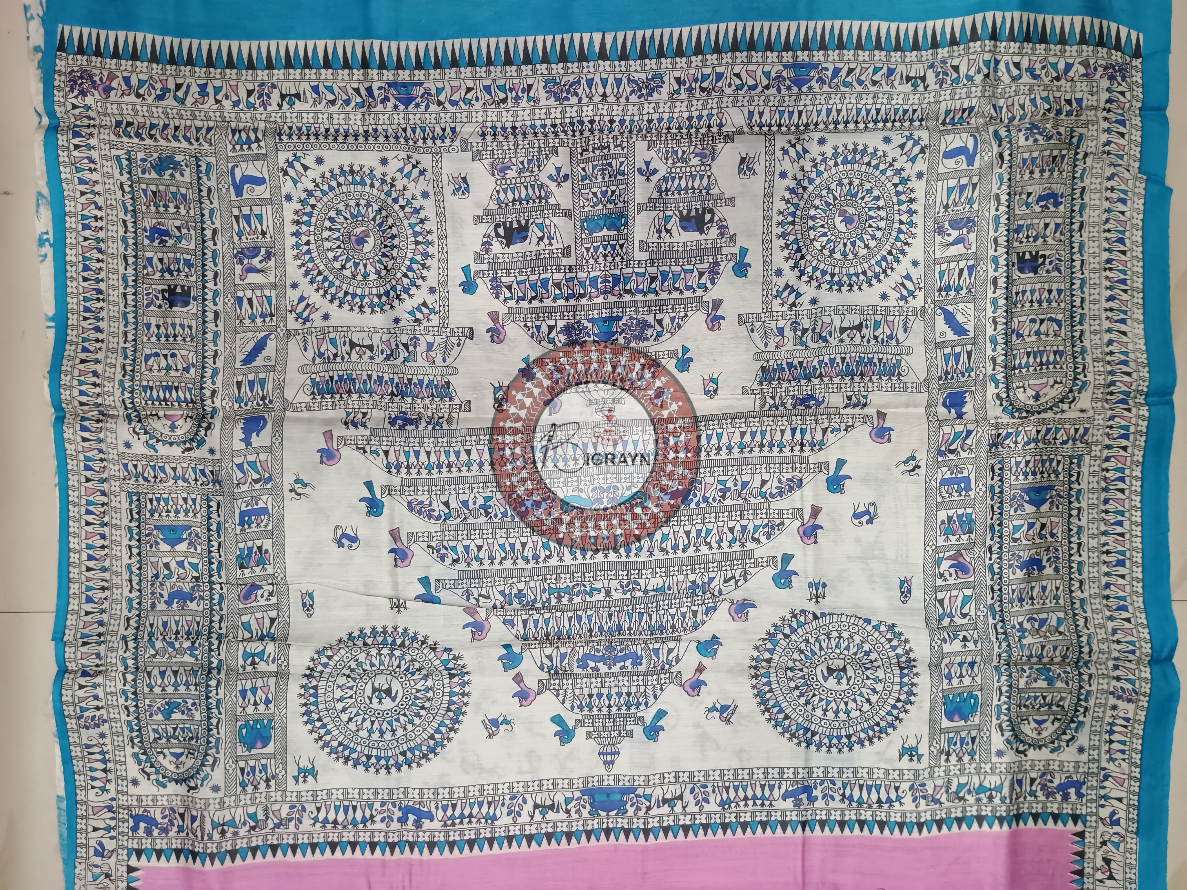 Pink Off White Block Printed Tussar Silk Saree