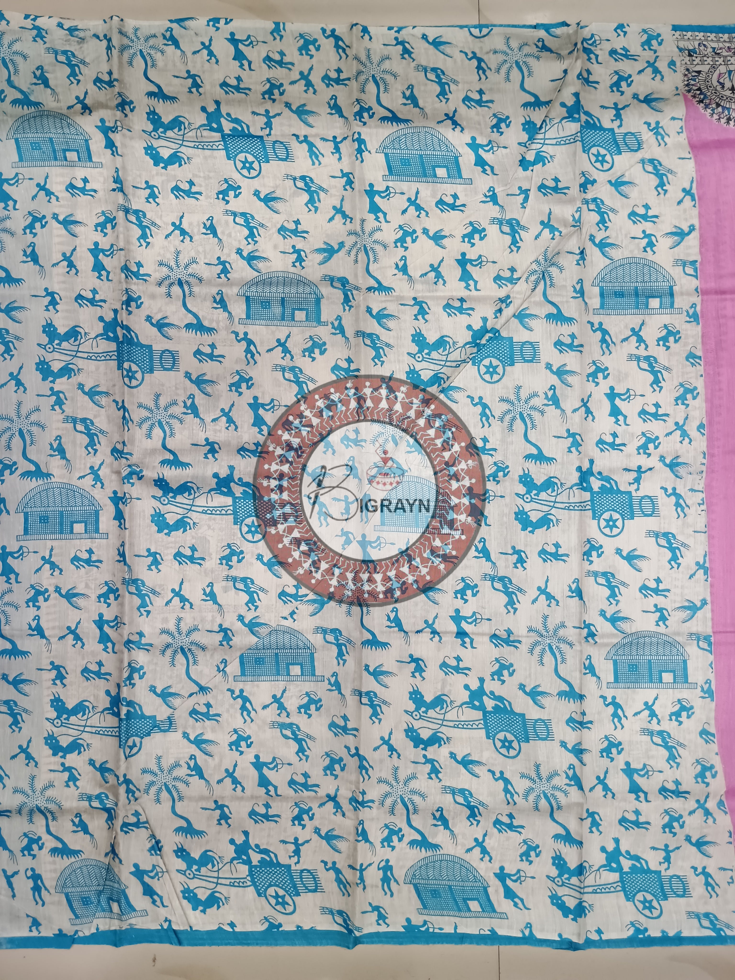 Pink Off White Block Printed Tussar Silk Saree