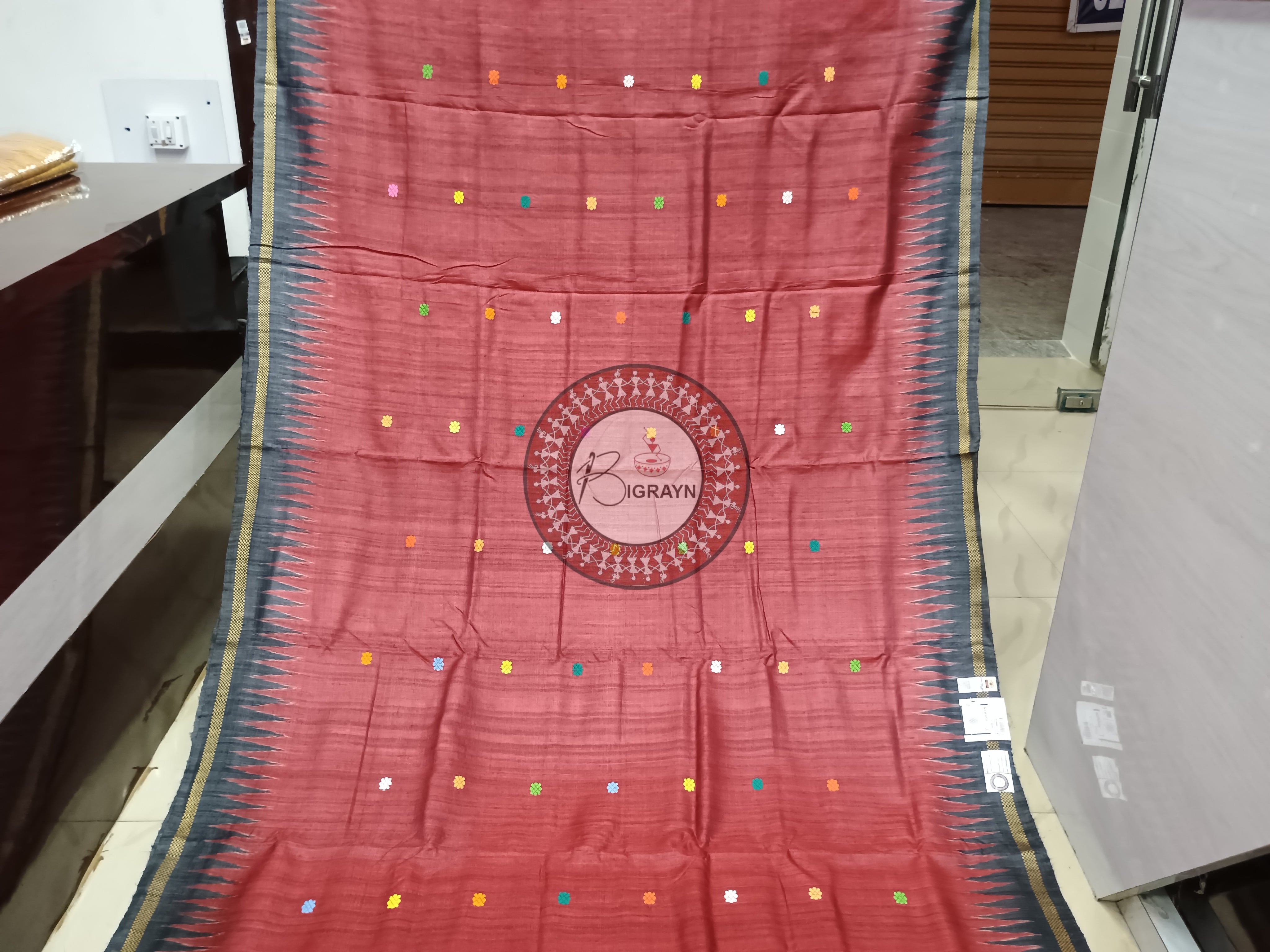 Maroon Black Temple Gopalpur Tussar Silk Saree
