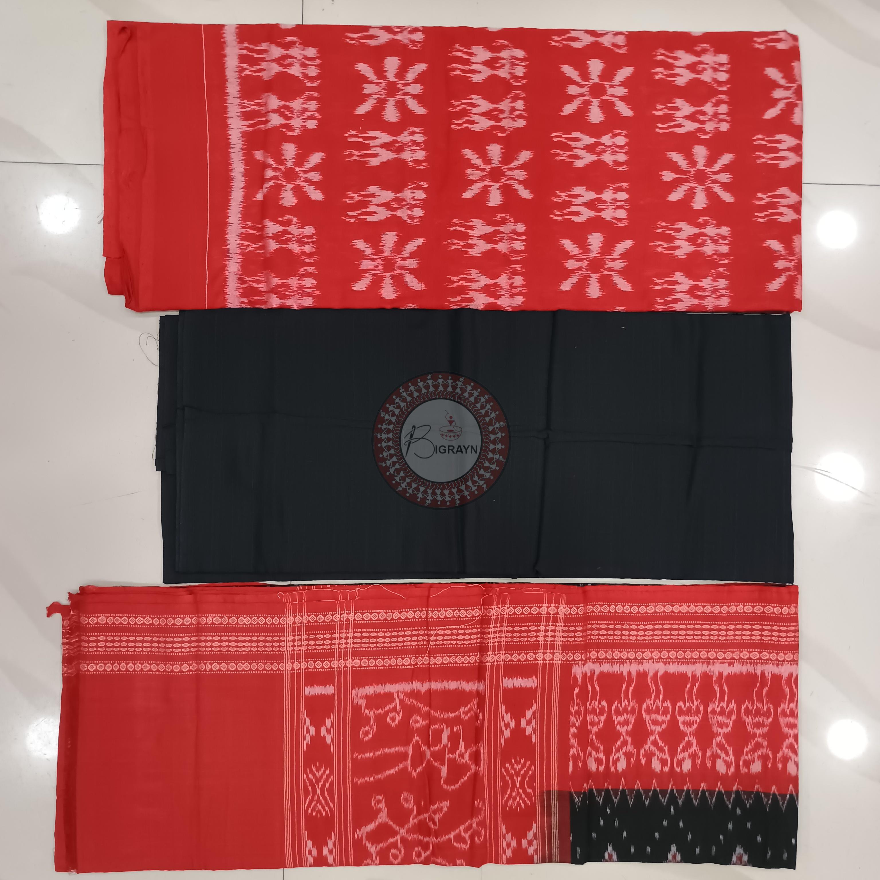 Red Black Handwoven Odisha Ikat Unstitched Dress Material Set (Top 2.5m, Bottom 2m, Dupatta 2.5m)