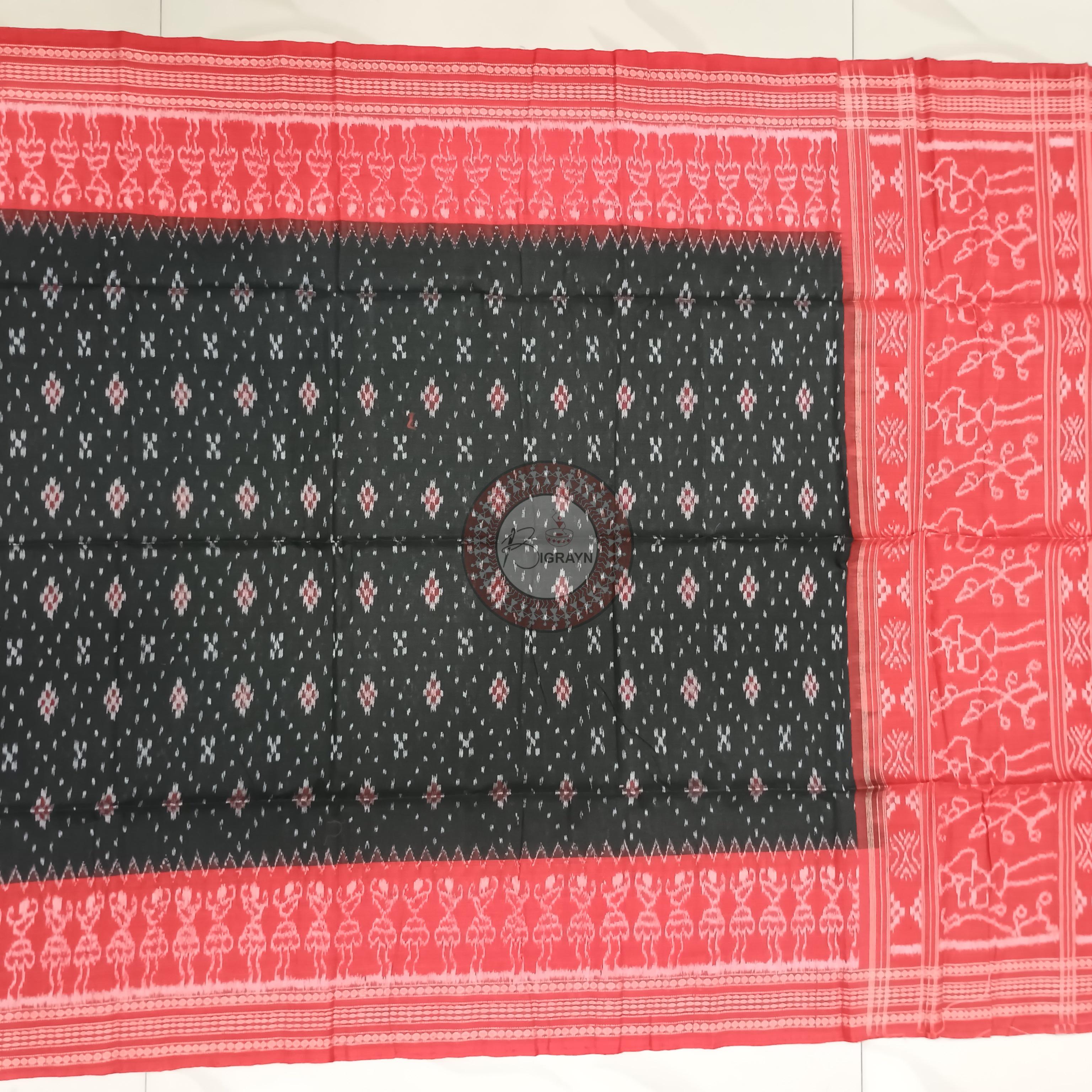 Red Black Handwoven Odisha Ikat Unstitched Dress Material Set (Top 2.5m, Bottom 2m, Dupatta 2.5m)