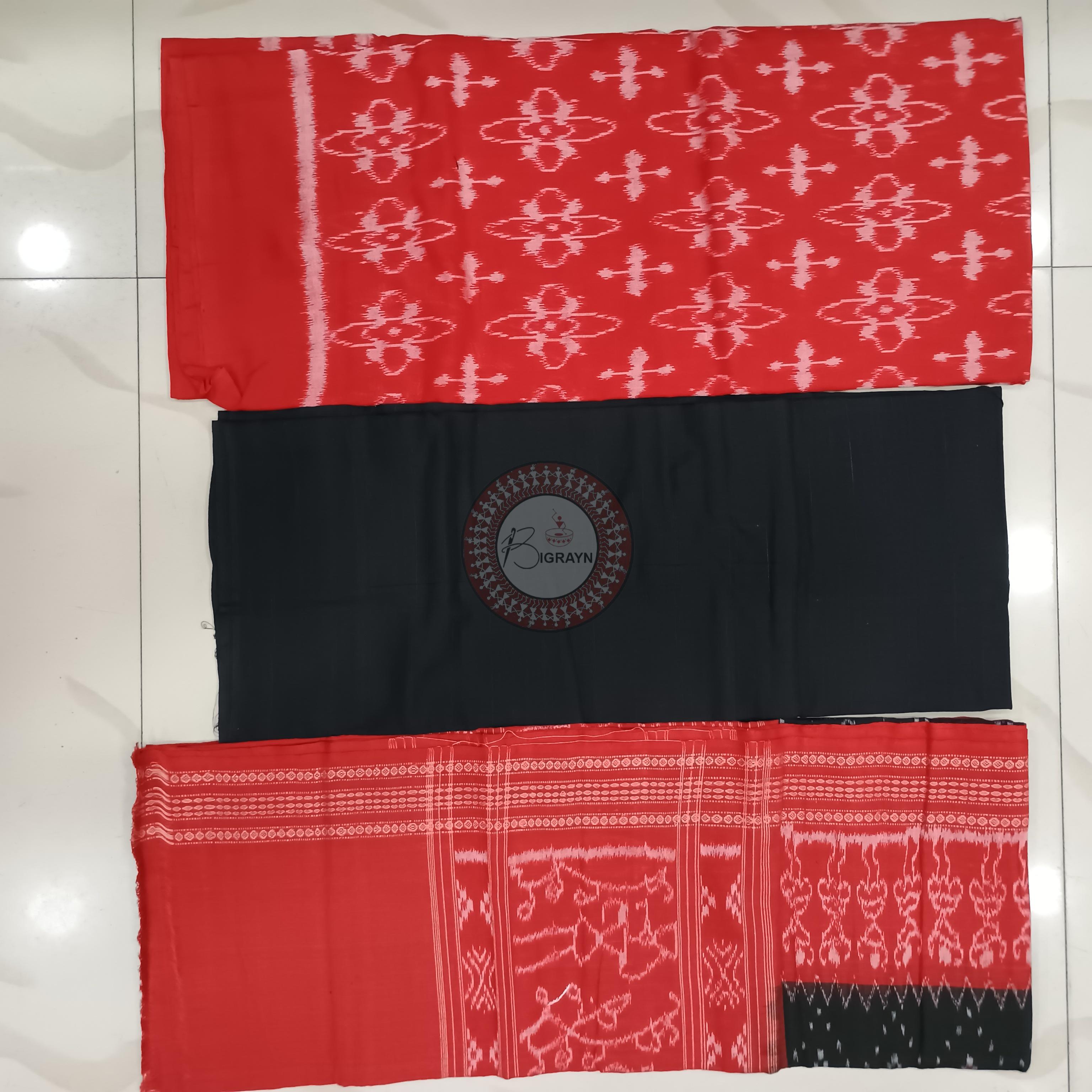 Red Black Handwoven Odisha Ikat Unstitched Dress Material Set (Top 2.5m, Bottom 2m, Dupatta 2.5m)