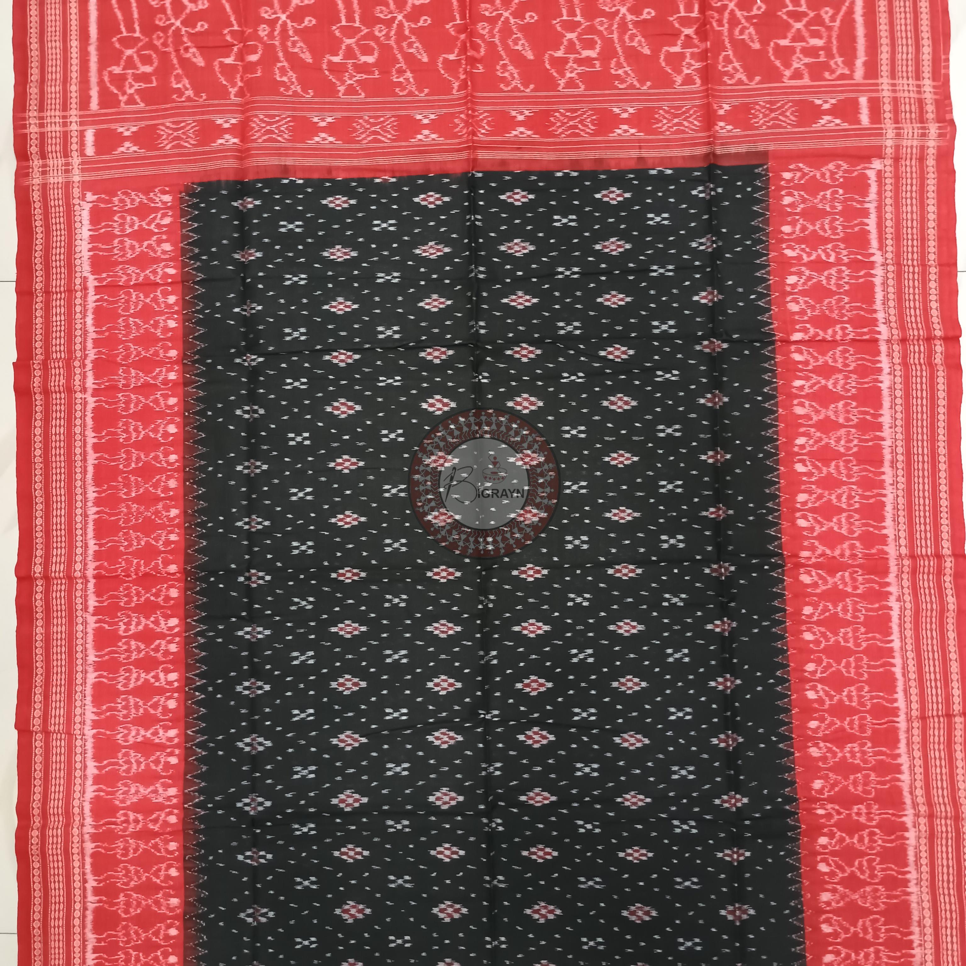 Red Black Handwoven Odisha Ikat Unstitched Dress Material Set (Top 2.5m, Bottom 2m, Dupatta 2.5m)