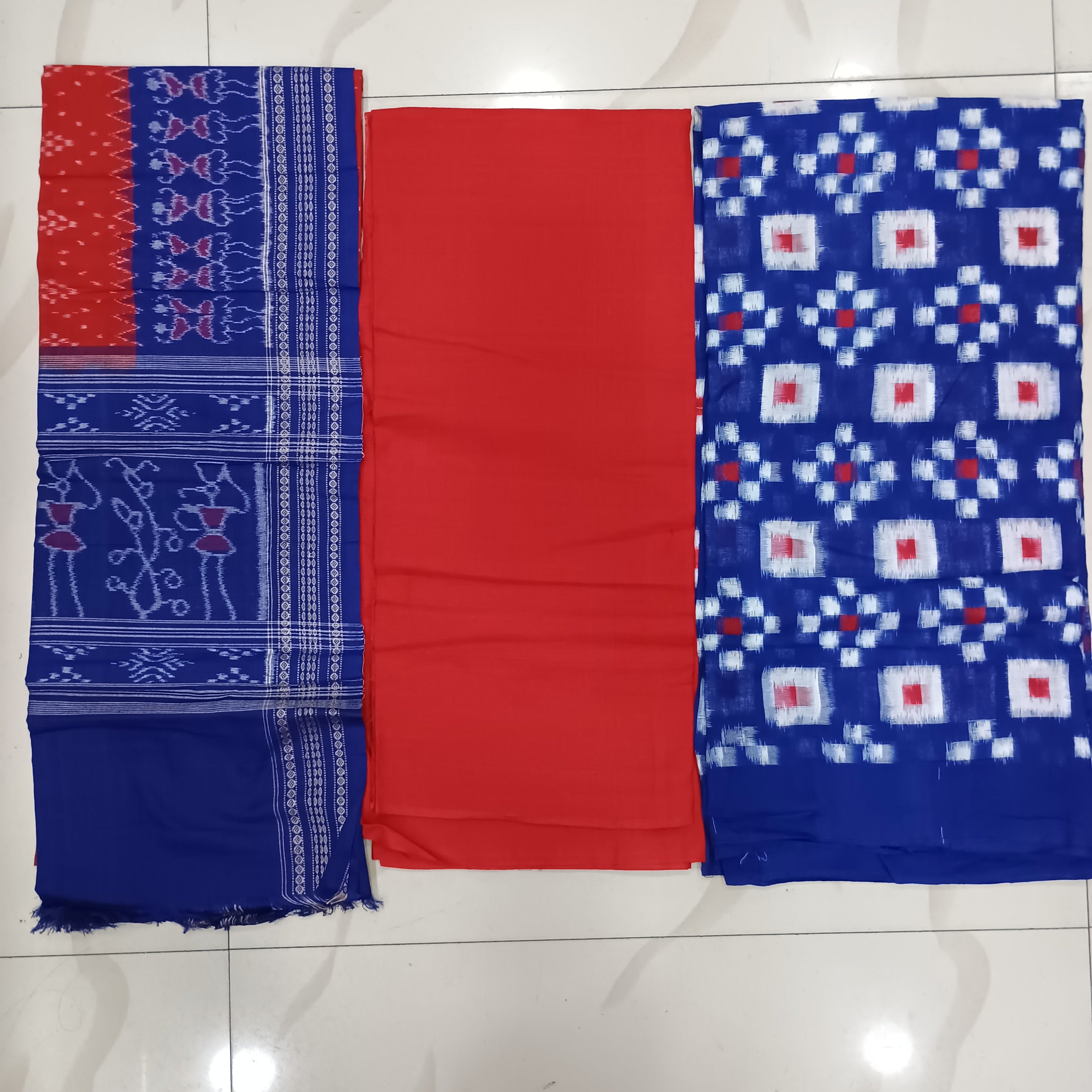 Blue Red Pasapali Handwoven Odisha Ikat Unstitched Dress Material Set (Top 2.5m, Bottom 2m, Dupatta 2.5m)