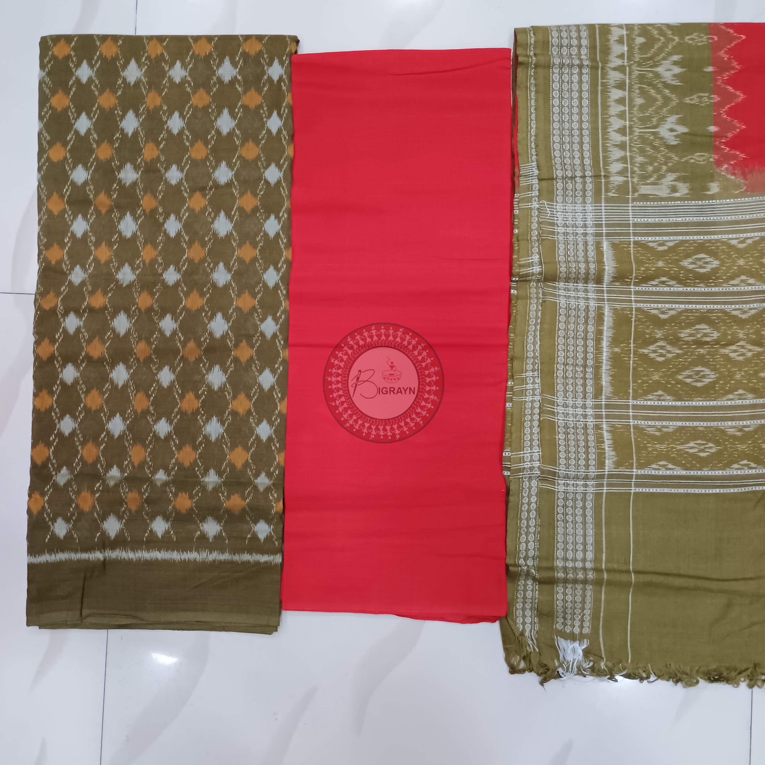 Mehendi Green Red Ikat Handwoven Odisha Ikat Unstitched Dress Material Set (Top 2.5m, Bottom 2m, Dupatta 2.5m)