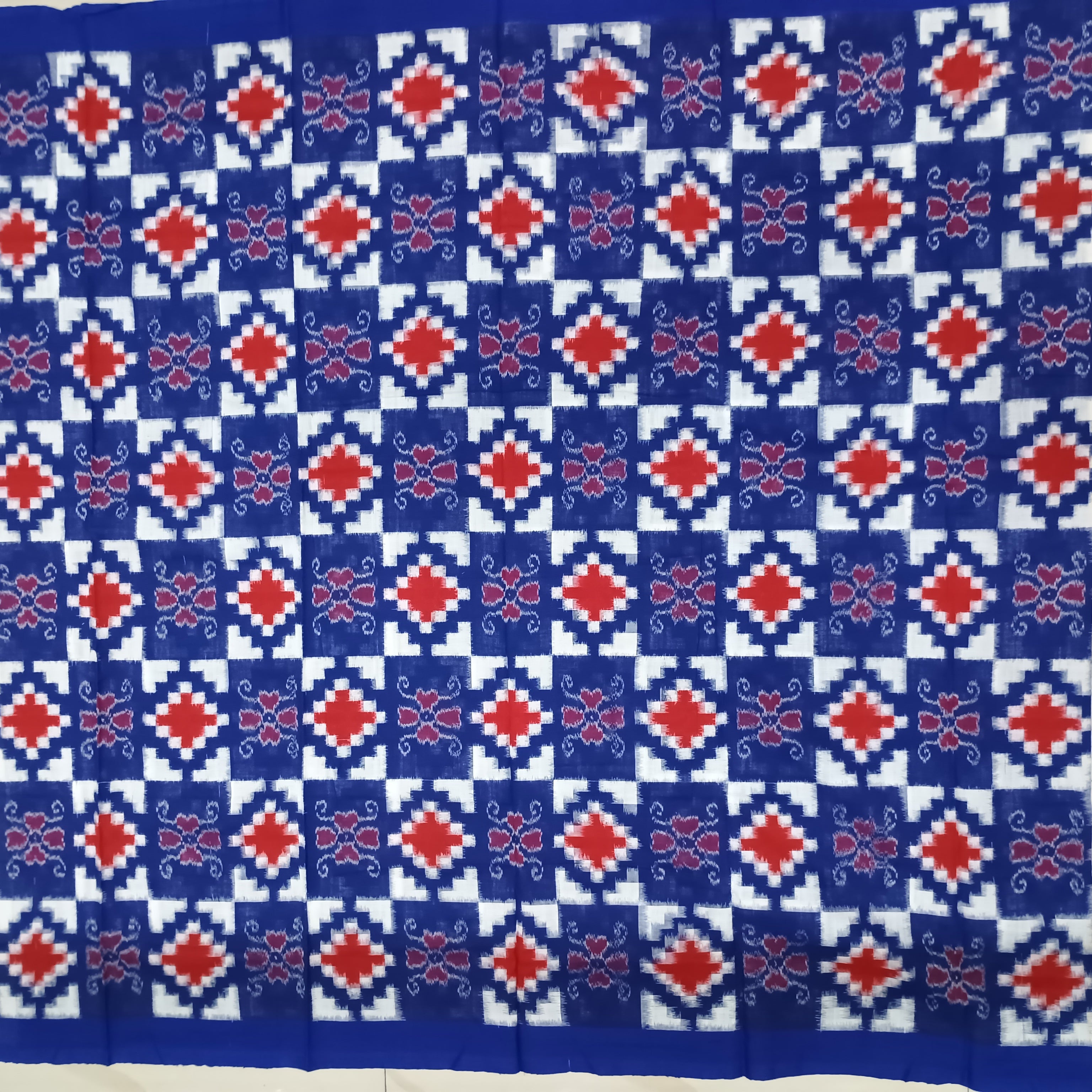 Blue White Red Pasapali Handwoven Odisha Ikat Unstitched Dress Material Set (Top 2.5m, Bottom 2m, Dupatta 2.5m)