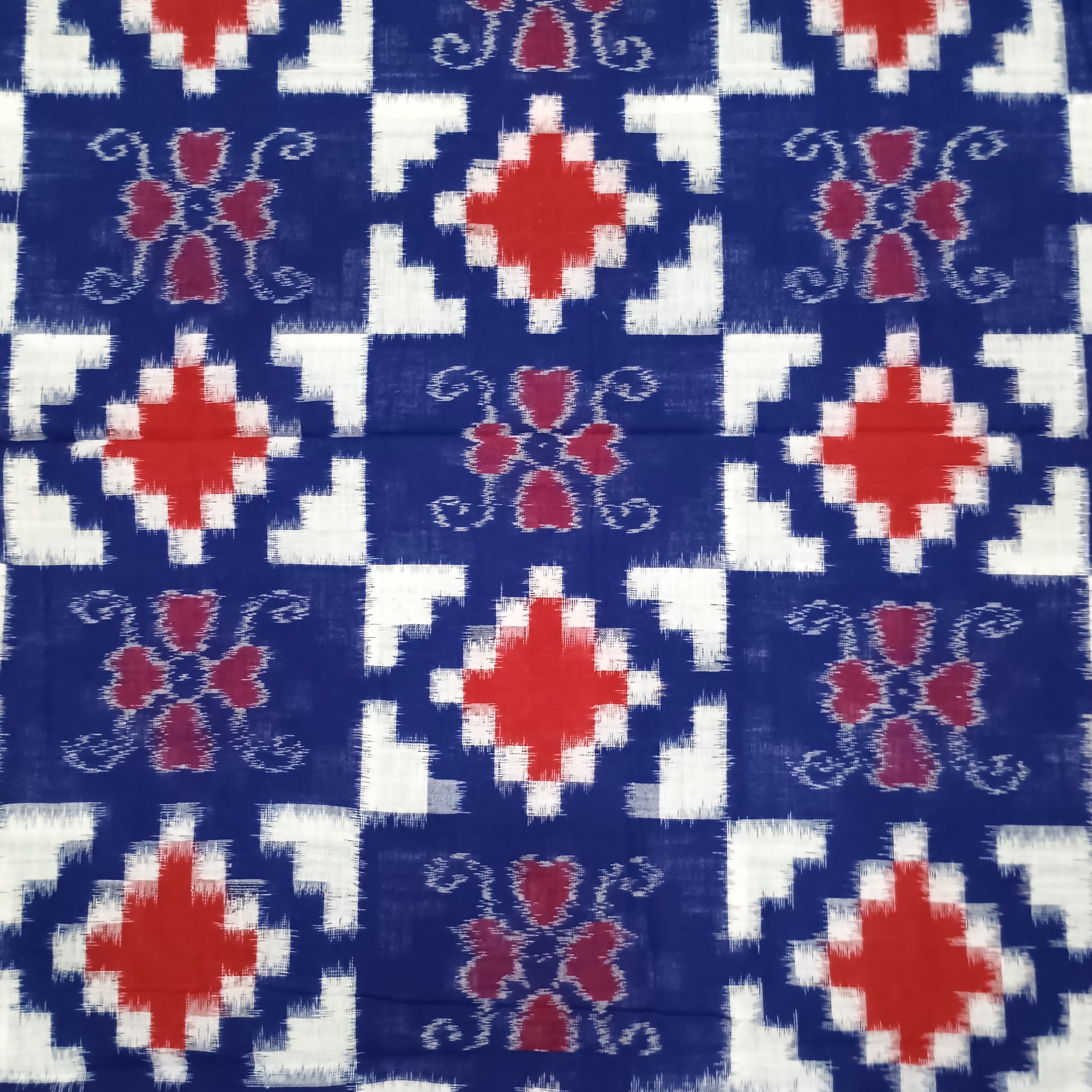 Blue White Red Pasapali Handwoven Odisha Ikat Unstitched Dress Material Set (Top 2.5m, Bottom 2m, Dupatta 2.5m)