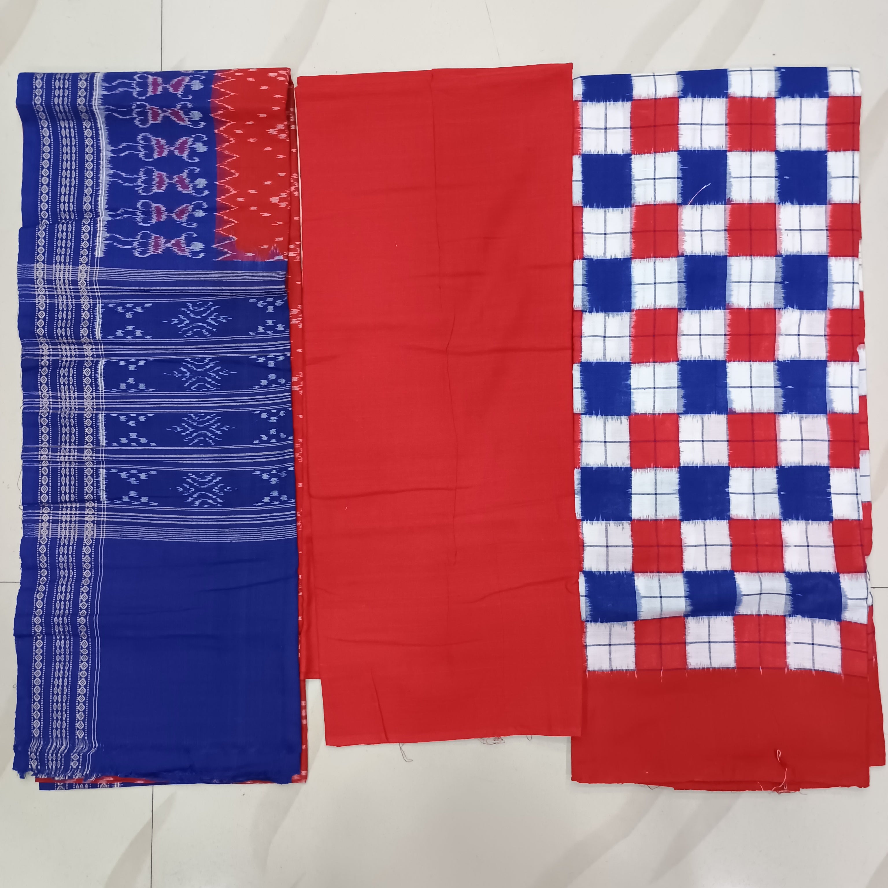 Blue White Red Square Pasapali Handwoven Odisha Ikat Unstitched Dress Material Set (Top 2.5m, Bottom 2m, Dupatta 2.5m)