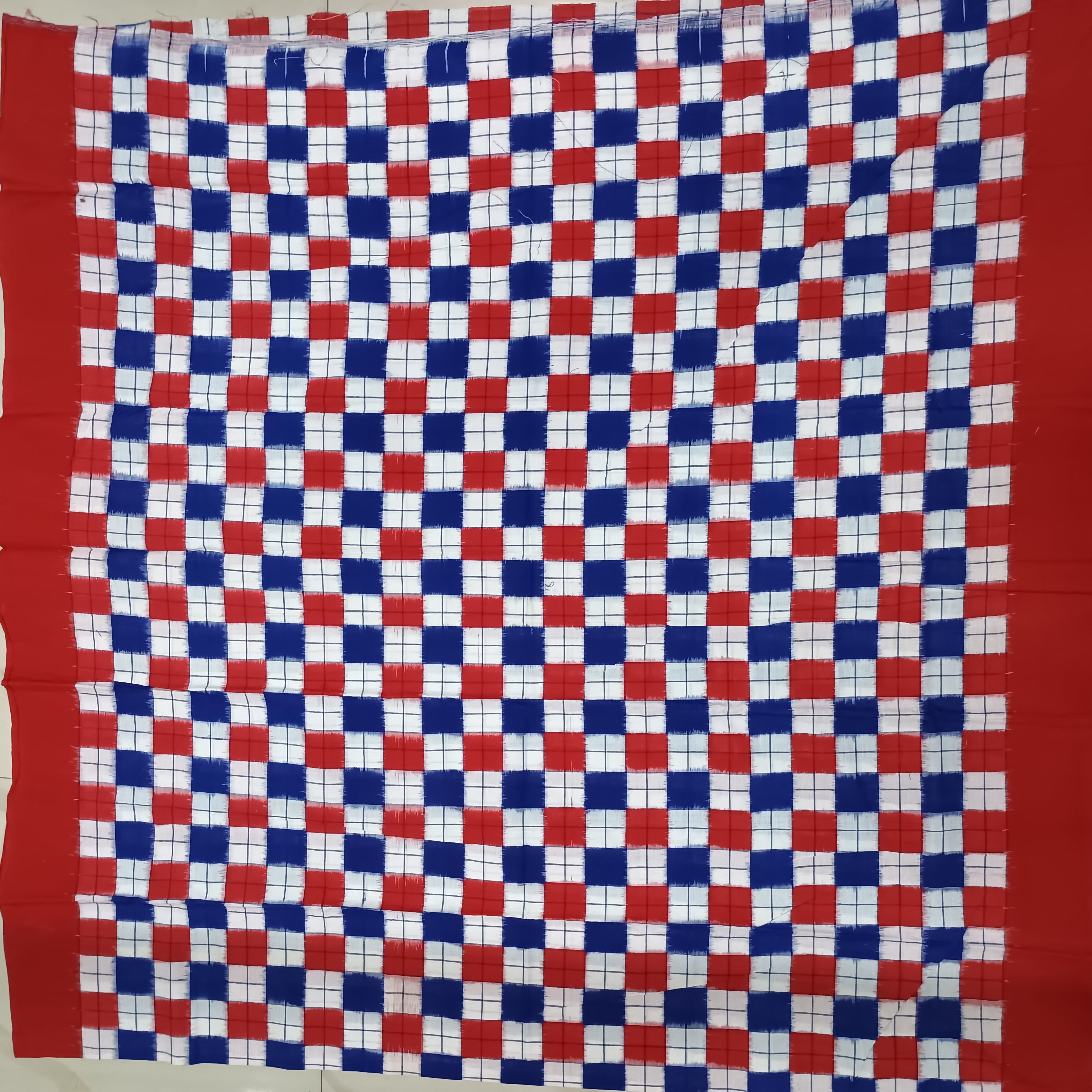 Blue White Red Square Pasapali Handwoven Odisha Ikat Unstitched Dress Material Set (Top 2.5m, Bottom 2m, Dupatta 2.5m)
