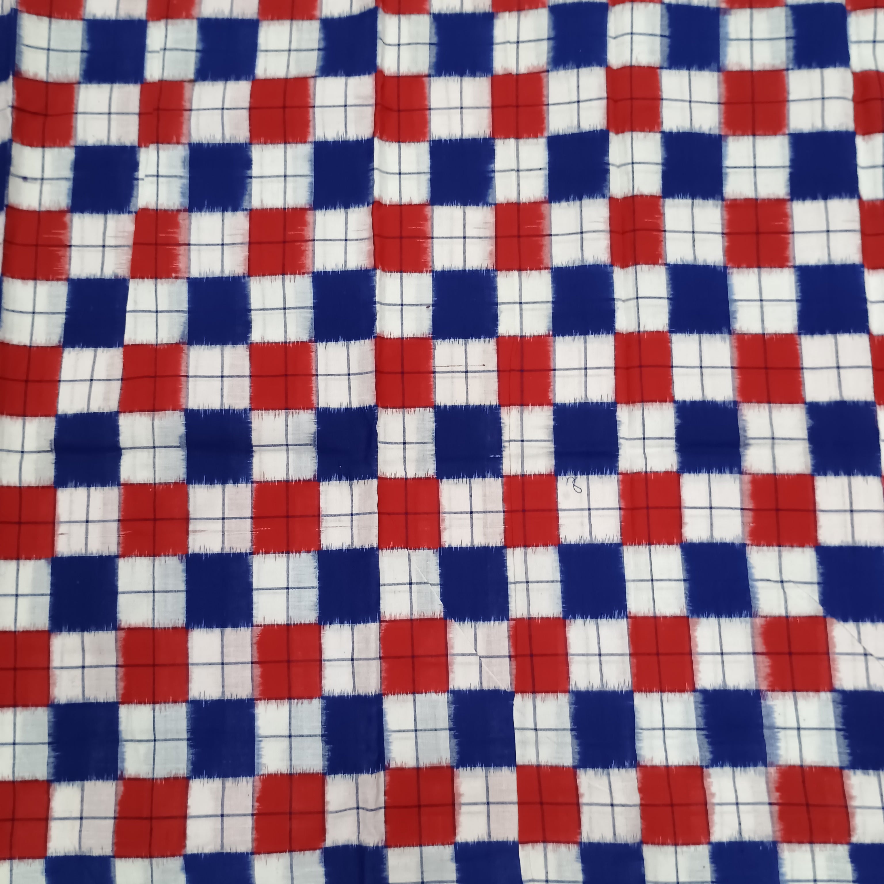 Blue White Red Square Pasapali Handwoven Odisha Ikat Unstitched Dress Material Set (Top 2.5m, Bottom 2m, Dupatta 2.5m)