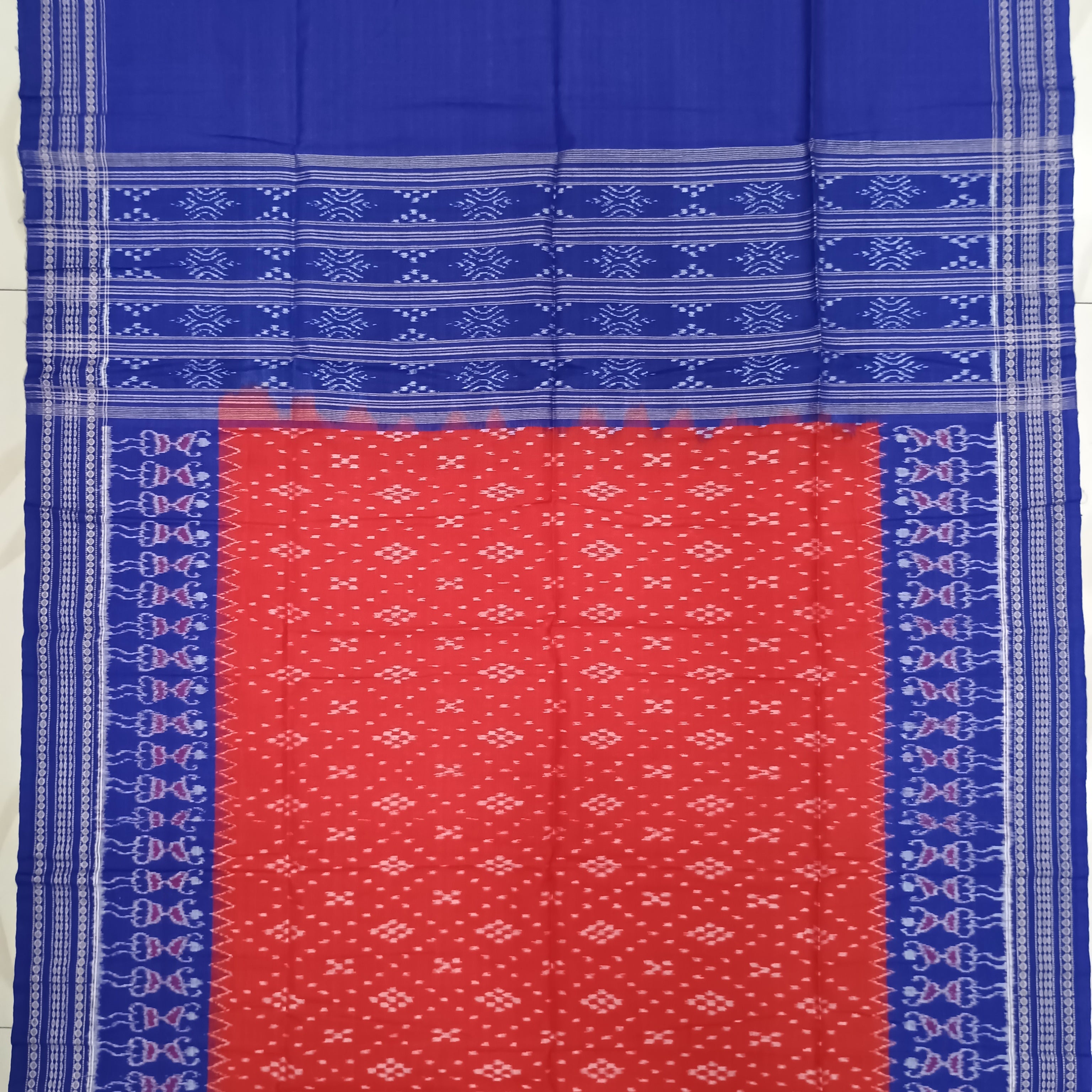 Blue White Red Square Pasapali Handwoven Odisha Ikat Unstitched Dress Material Set (Top 2.5m, Bottom 2m, Dupatta 2.5m)