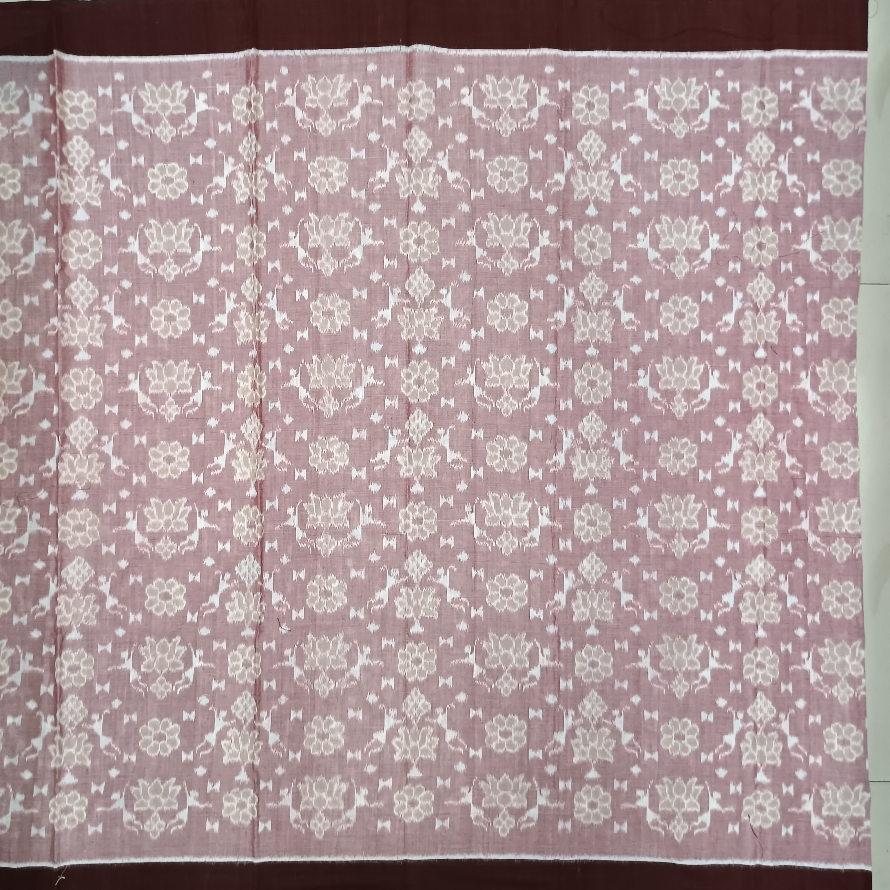 Peach Black Lotus Design Handwoven Odisha Ikat Unstitched Dress Material Set (Top 2.5m, Bottom 2m, Dupatta 2.5m)