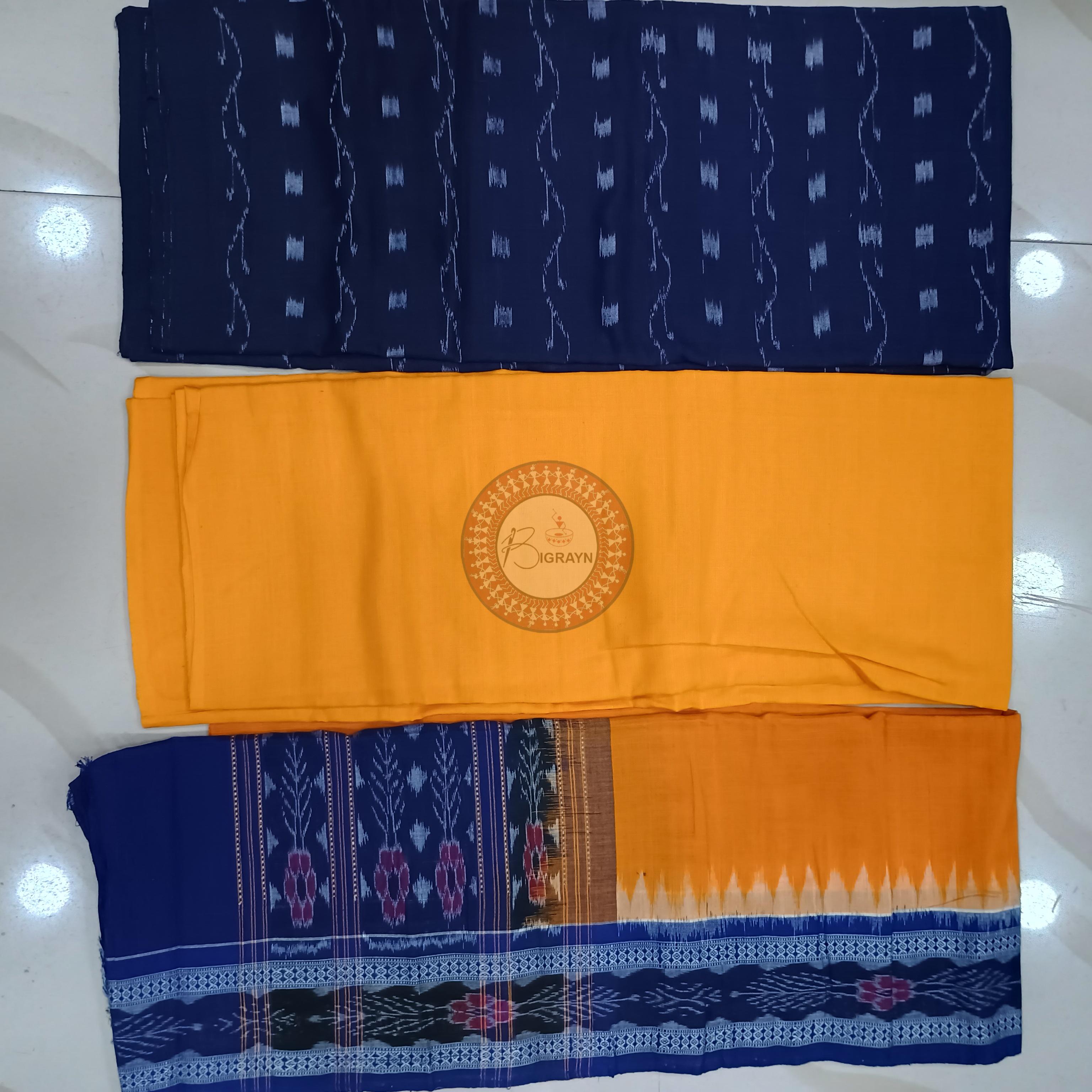 Blue Yellow Handwoven Odisha Ikat Unstitched Dress Material Set (Top 2.5m, Bottom 2m, Dupatta 2.5m)