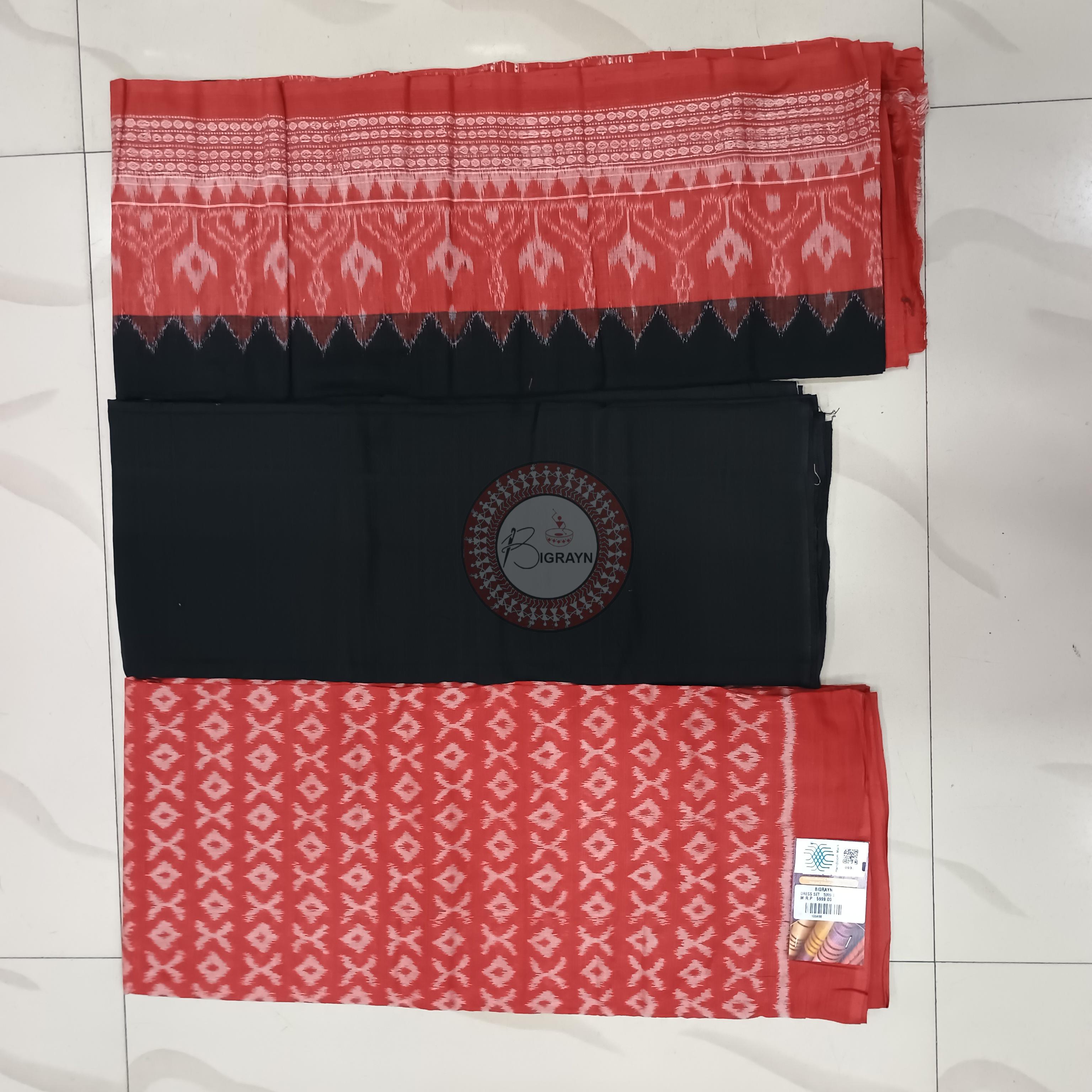 Red White Black Handwoven Odisha Ikat Unstitched Dress Material Set (Top 2.5m, Bottom 2m, Dupatta 2.5m)