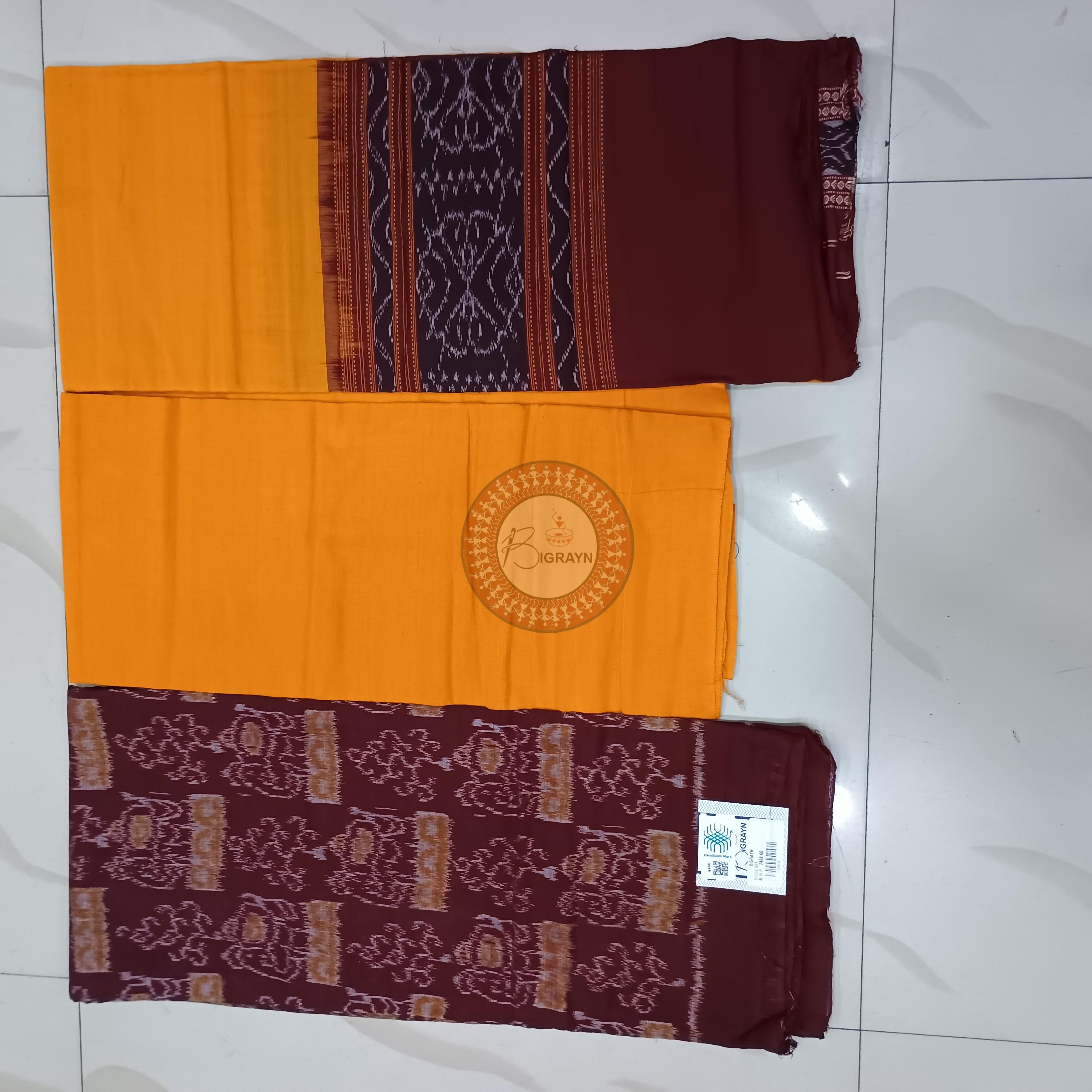 Maroon Yellow Animal Handwoven Odisha Ikat Unstitched Dress Material Set (Top 2.5m, Bottom 2m, Dupatta 2.5m)