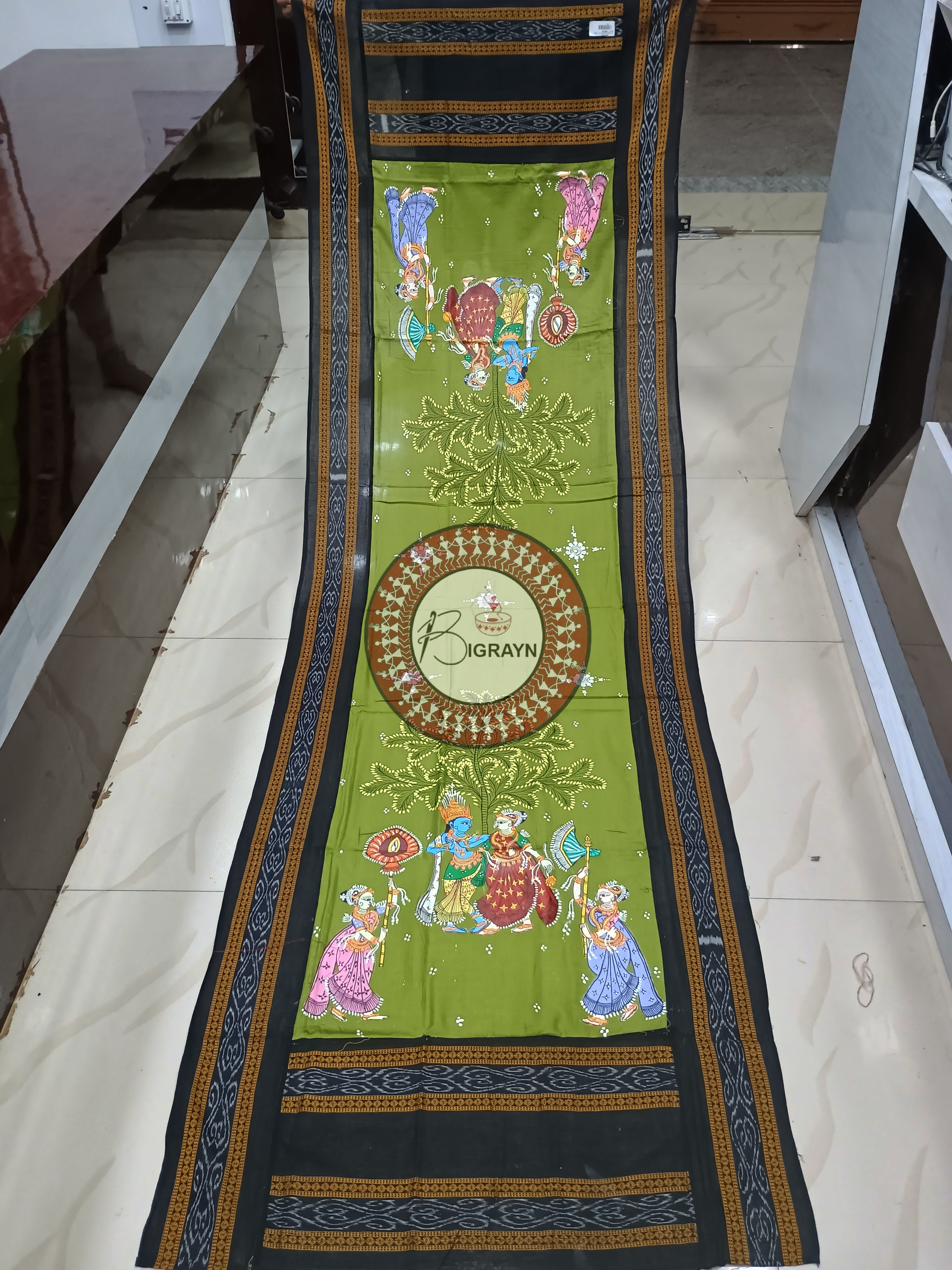 Mehendi Black Radha Krishna Rasa Pattachitra Cotton Dupatta