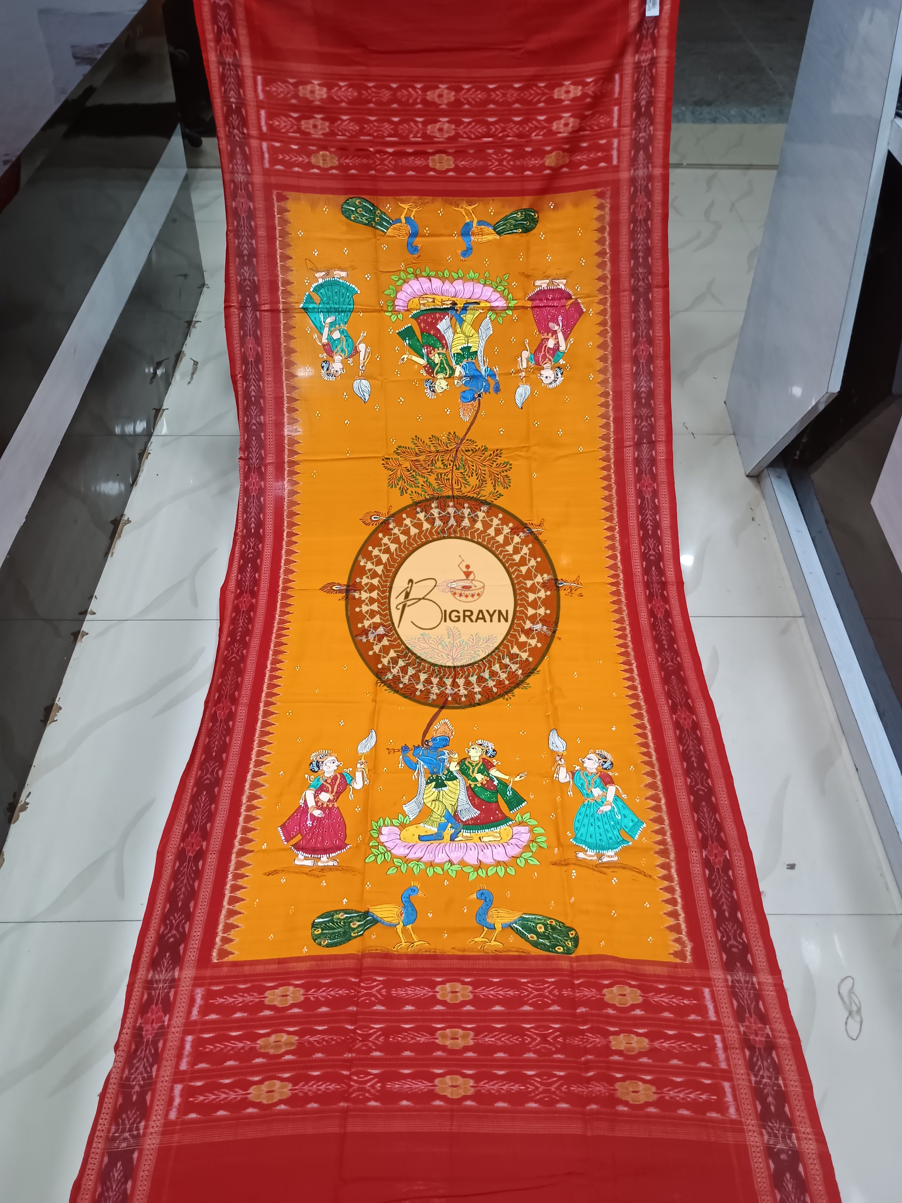 Yellow Red Radha Krishna Rasa Pattachitra Cotton Dupatta