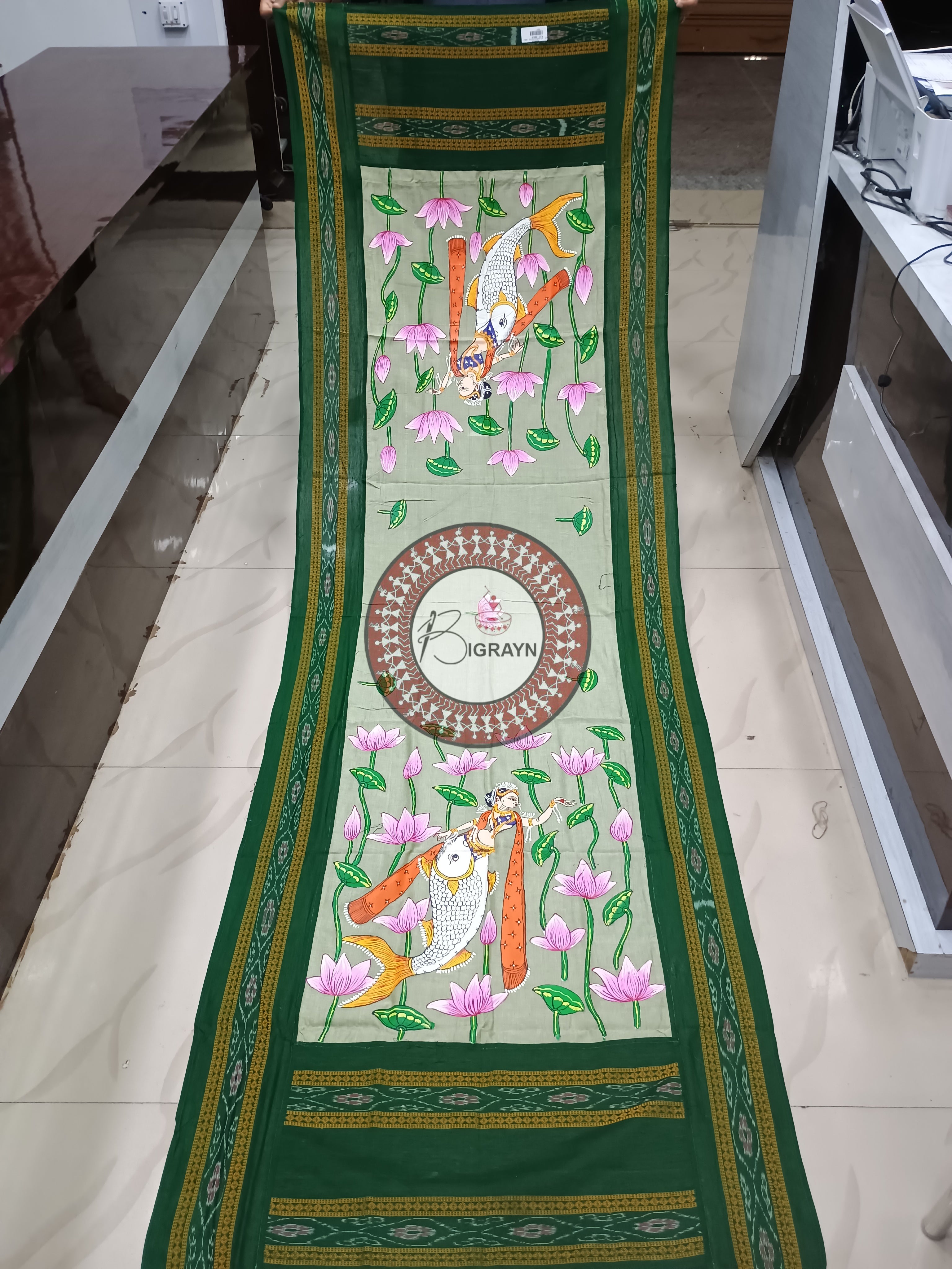 Grey Green Matsya Kanya Pattachitra Cotton Dupatta