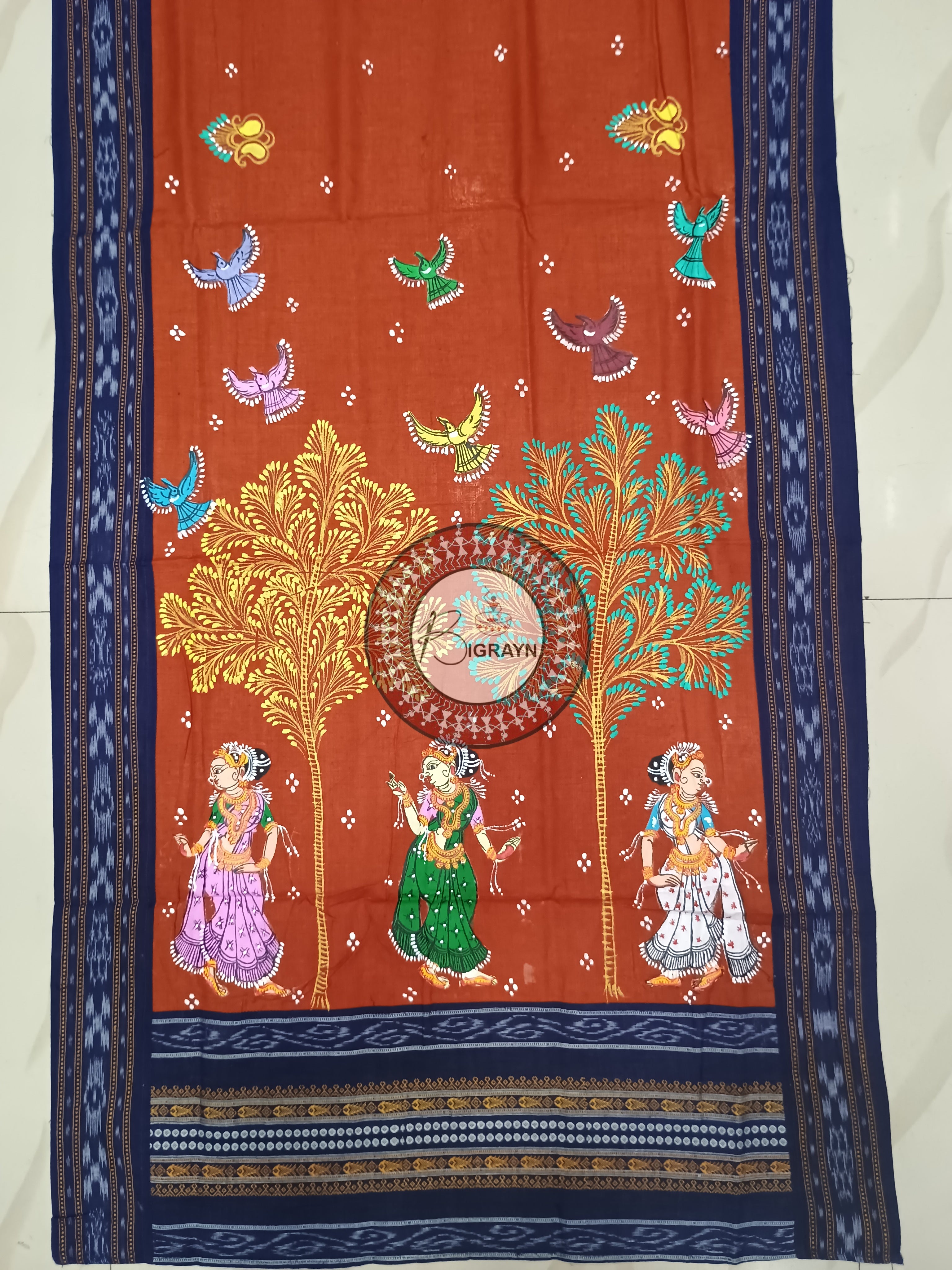 Maroon Indigo Blue Dancer Theme Pattachitra Cotton Dupatta