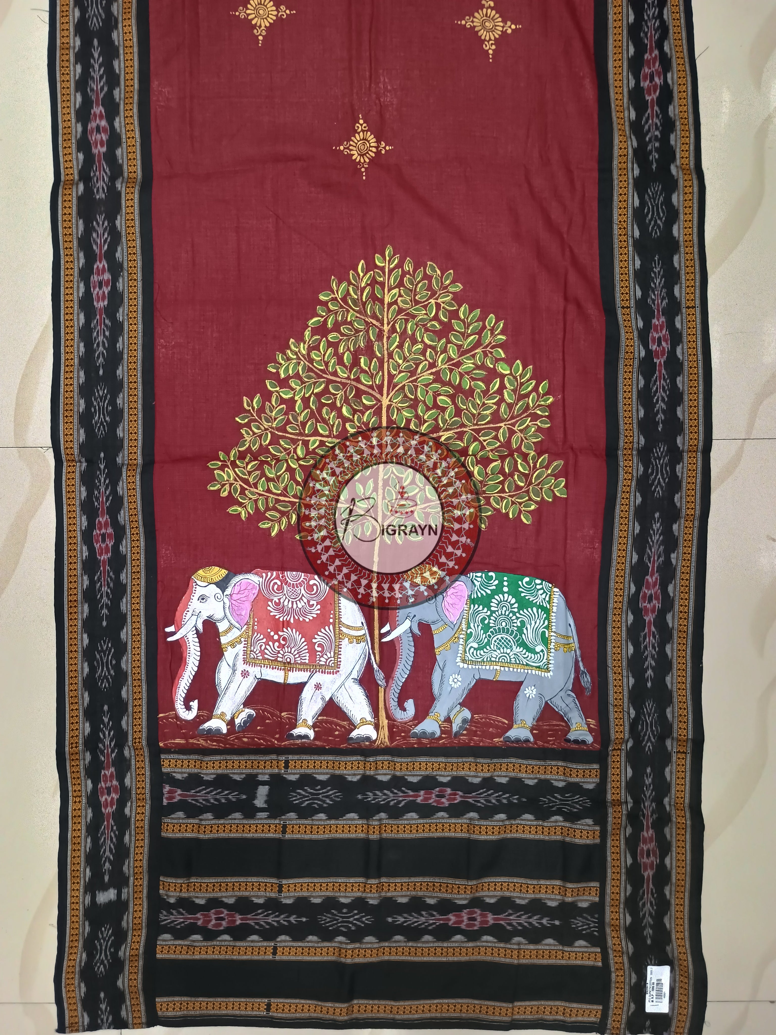 Maroon Black Elephant Theme Pattachitra Cotton Dupatta