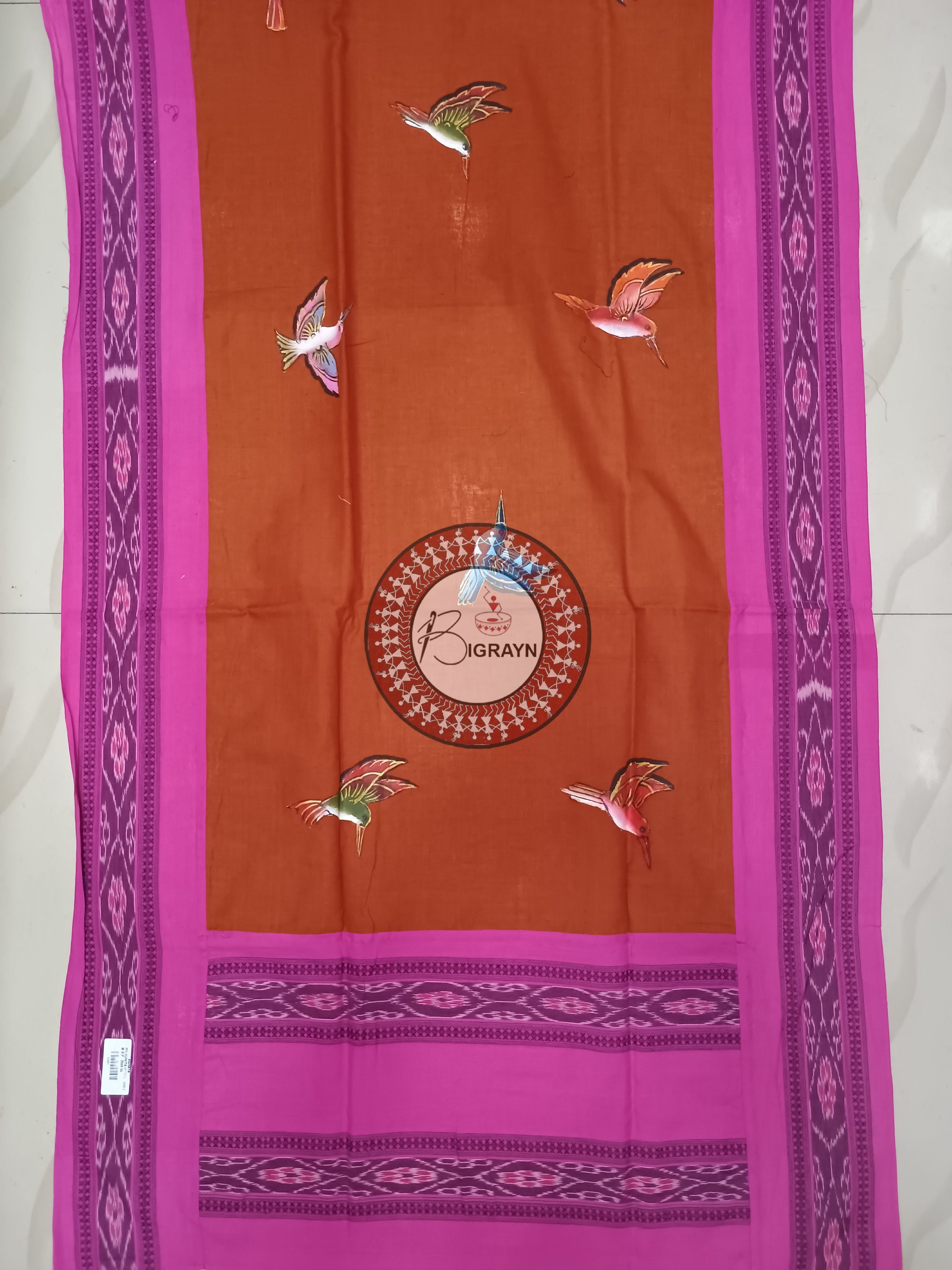 Brown Pink Birds Theme Pattachitra Cotton Dupatta