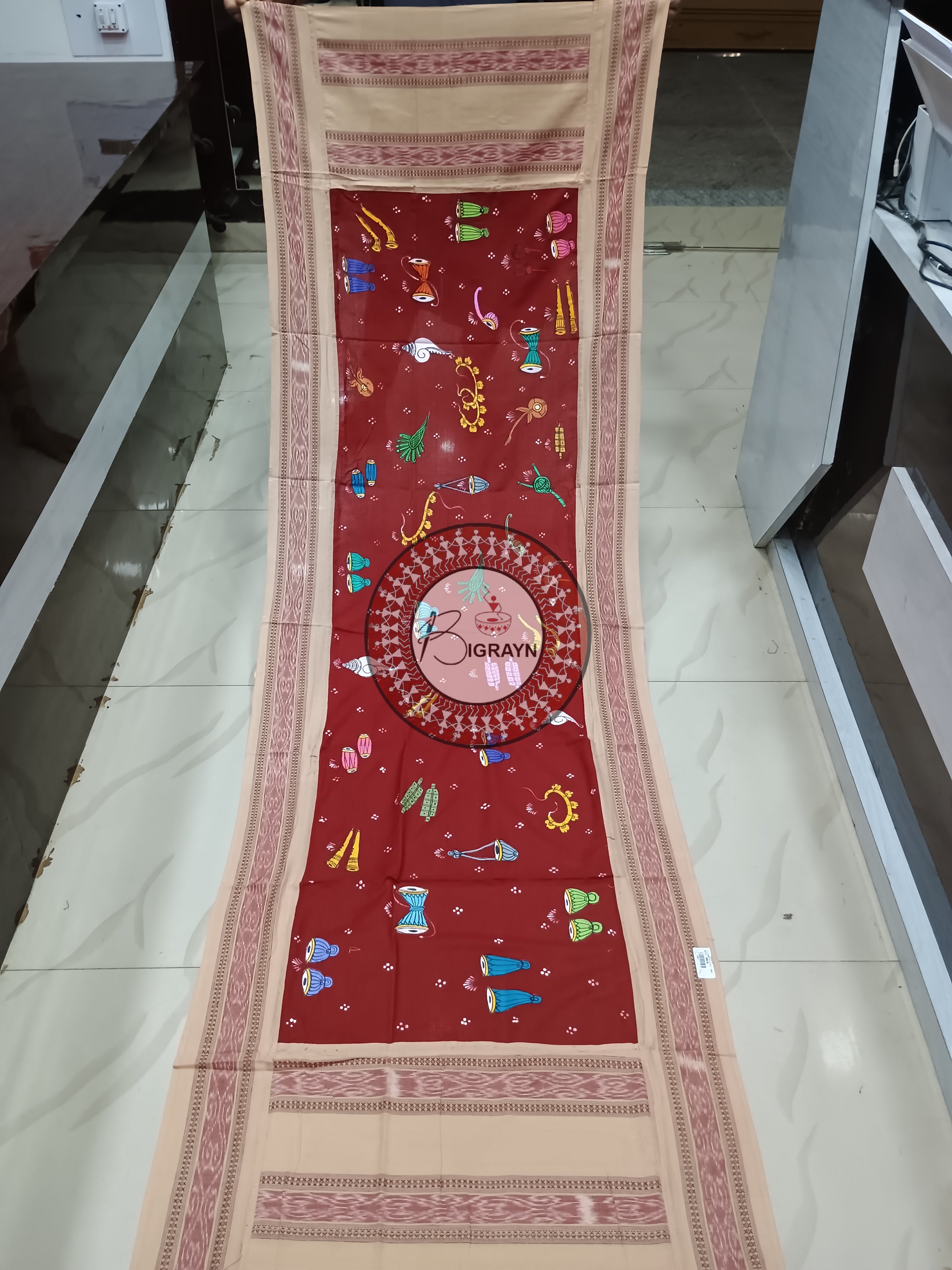 Maroon Off White Musical Instruments Theme Pattachitra Cotton Dupatta