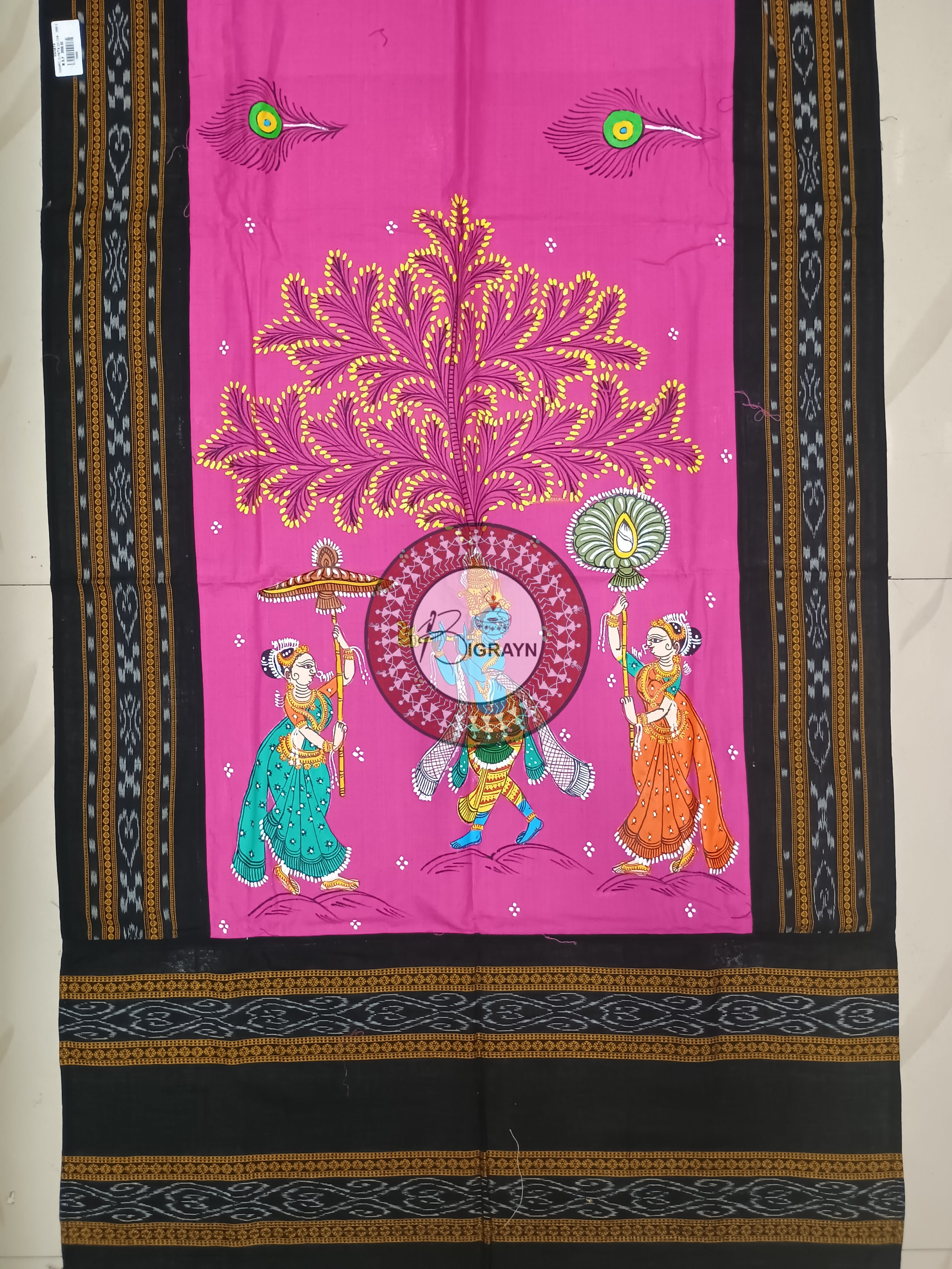Pink Black Krishna Bansuri Badana Theme Pattachitra Cotton Dupatta