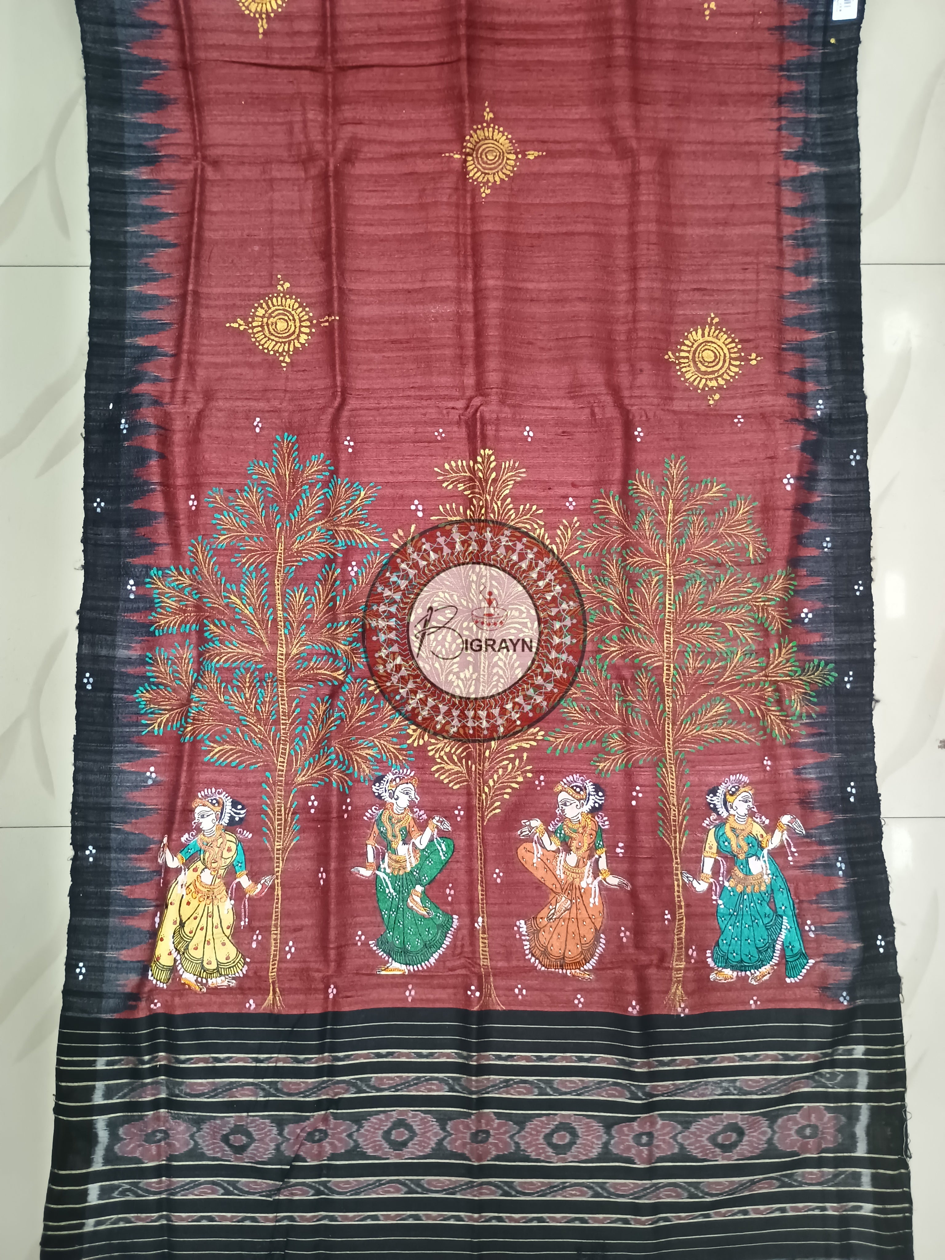Maroon Black Dancer Theme Pattachitra Tussar Dupatta
