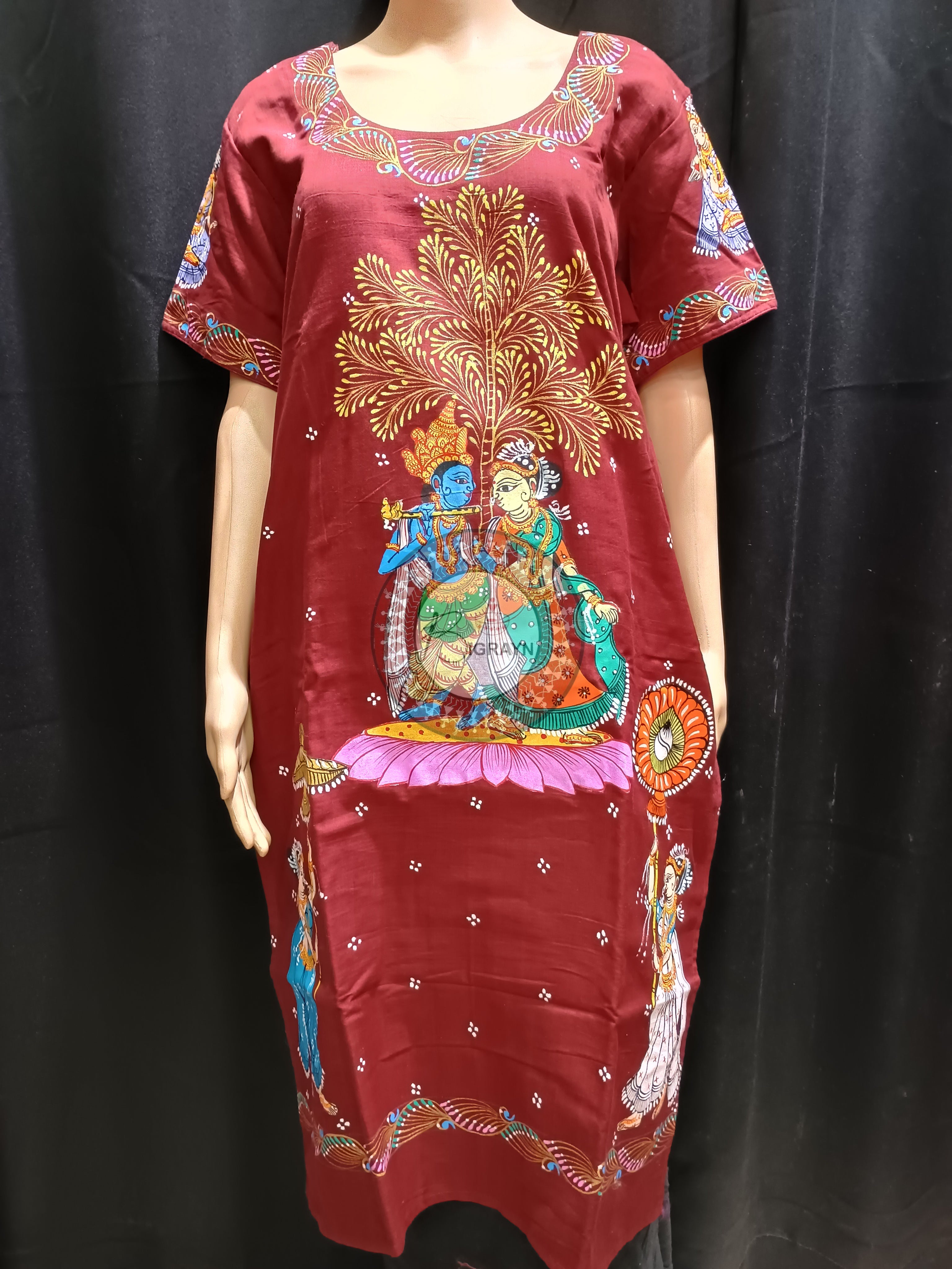 Maroon Radha Krishna Rasa Theme Hand Painted Pattachitra Kurti